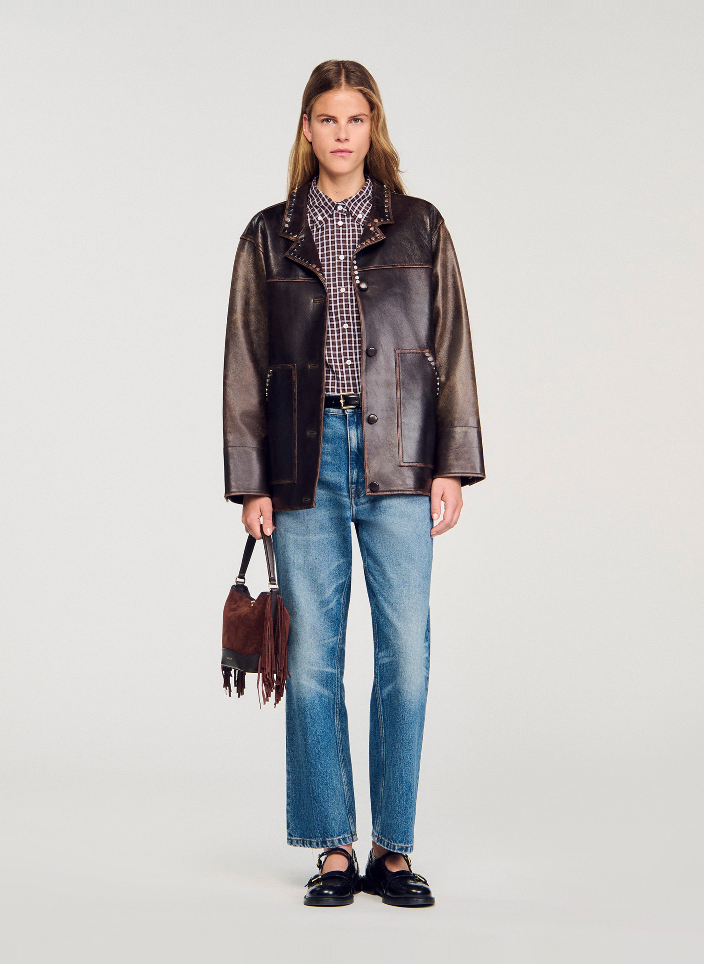 Oversized leren jas met kraag in smokingstijl SANDRO Bruin