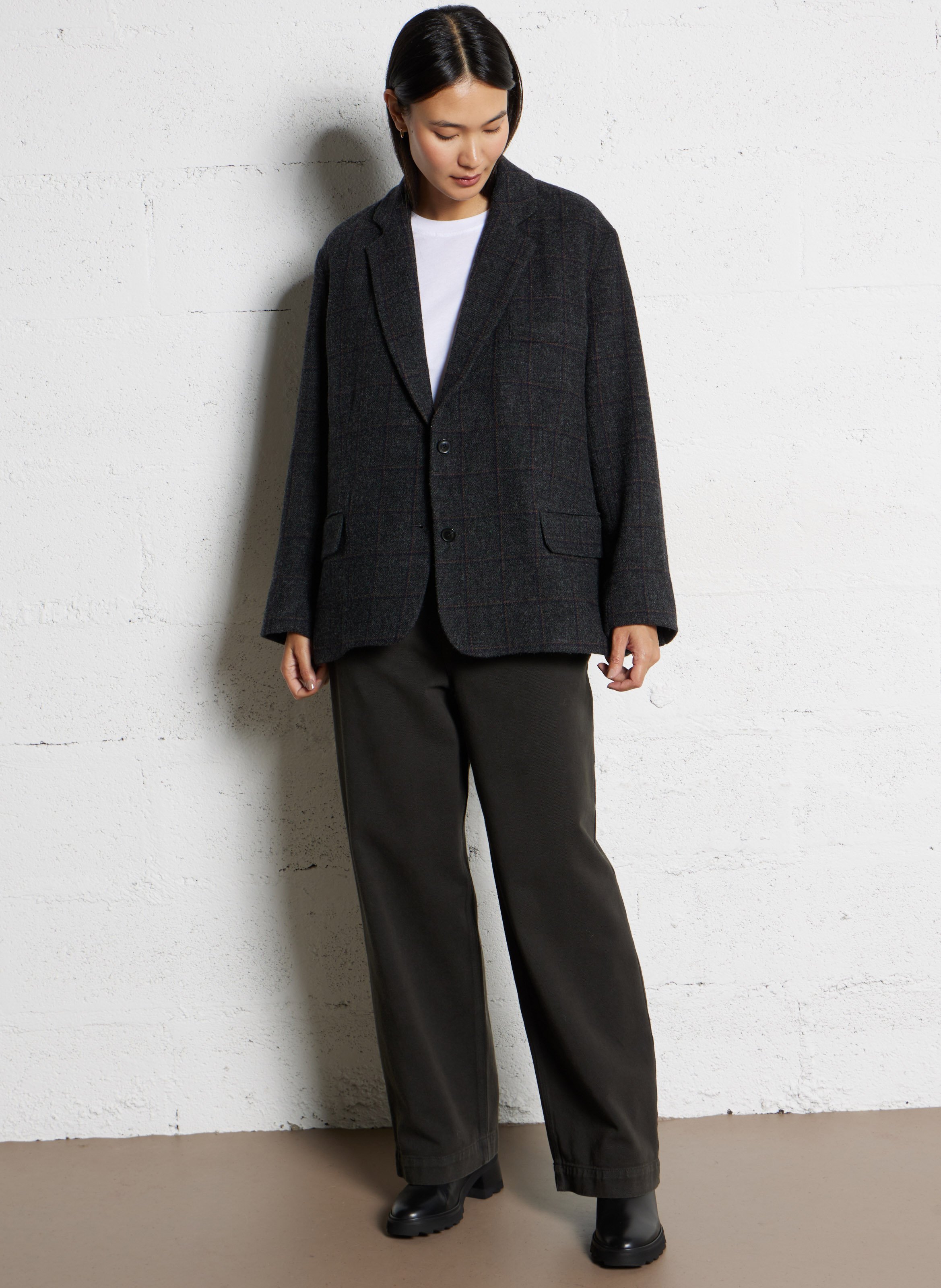 Veste oversize col tailleur à carreaux en laine vierge BELLEPIECE Noir