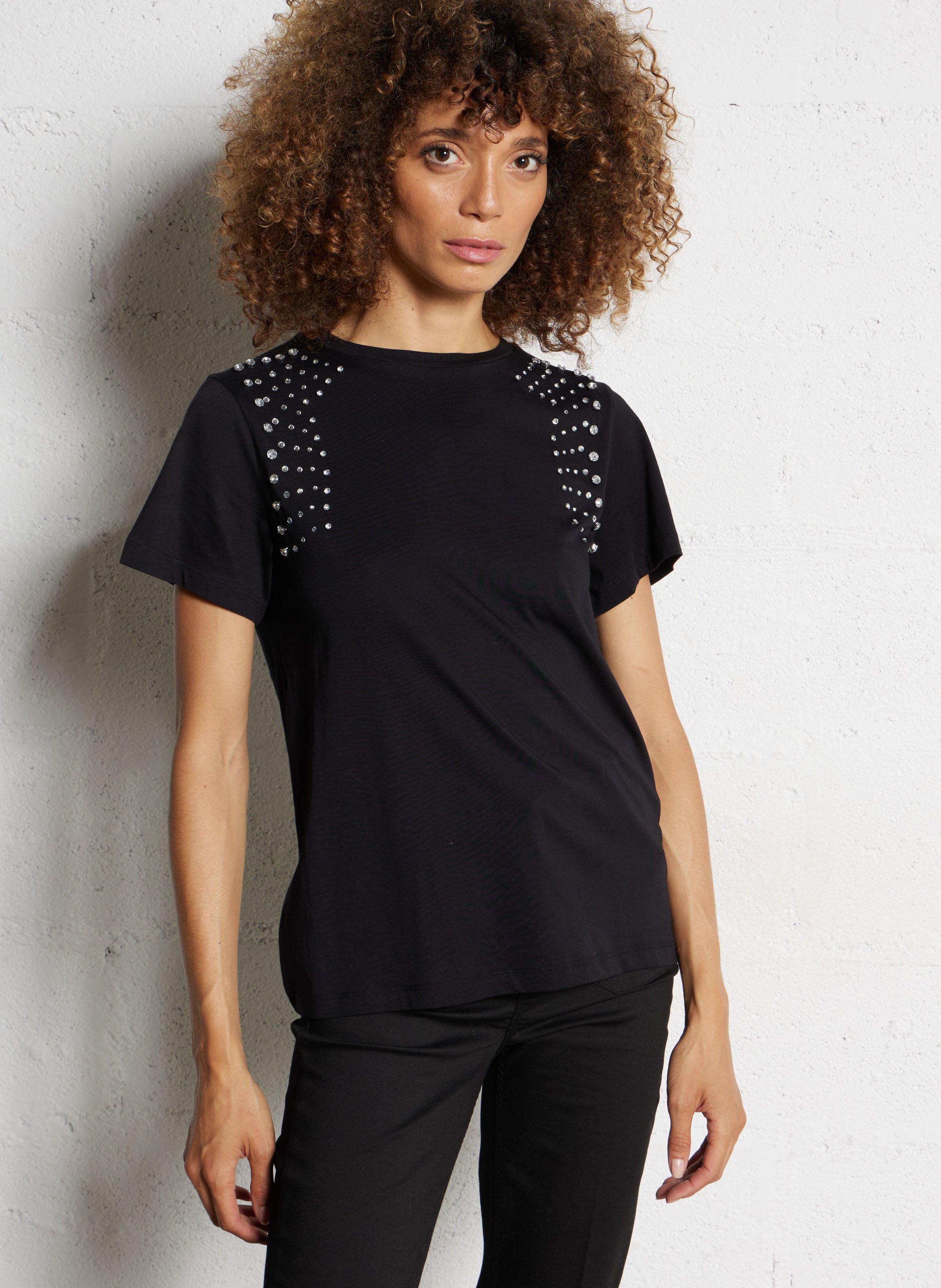 Plain cotton T-shirt with rhinestones LIU JO Black