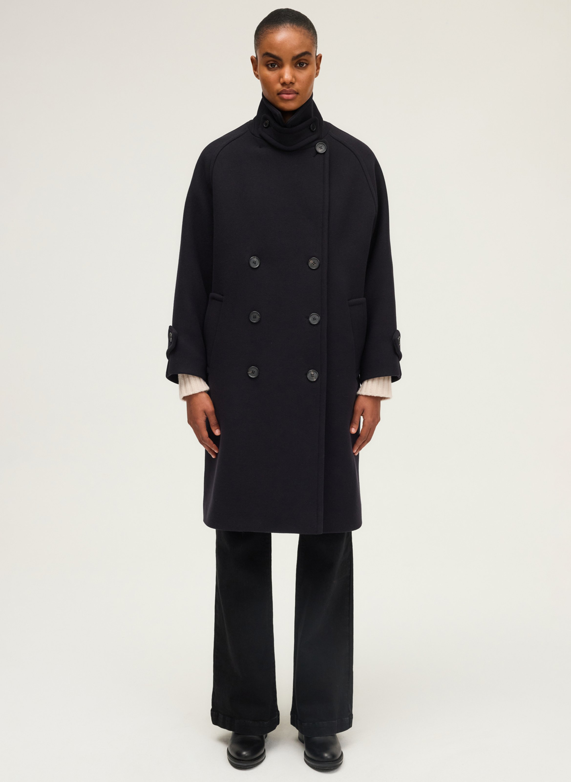 Manteau boutonné droit uni en laine mélangée PABLO Bleu