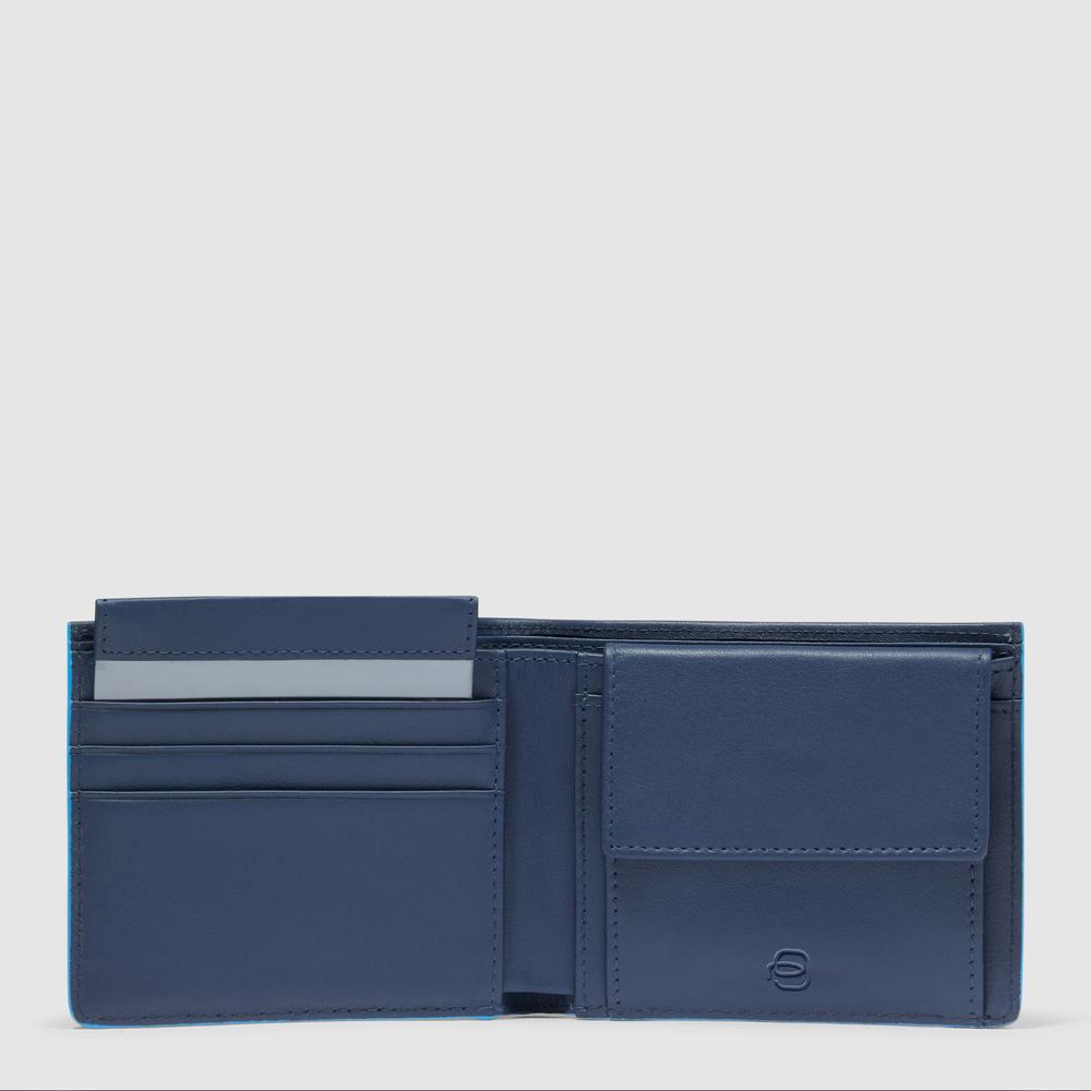 Men's wallet with coin pocket, credit card slots, removable flap, and RFID protection PIQUADRO Blue