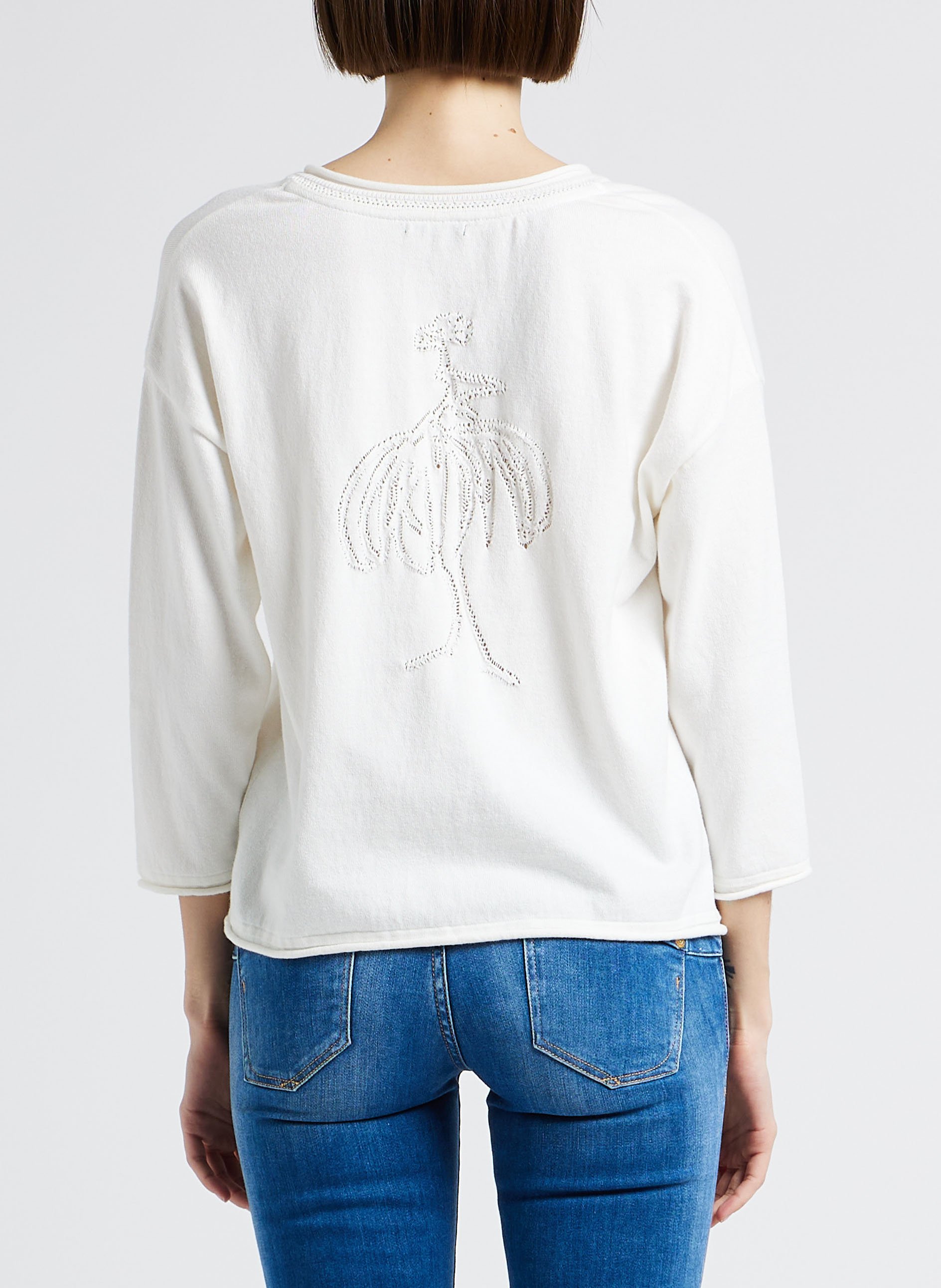 Pull col V évasé en coton ONE STEP Blanc