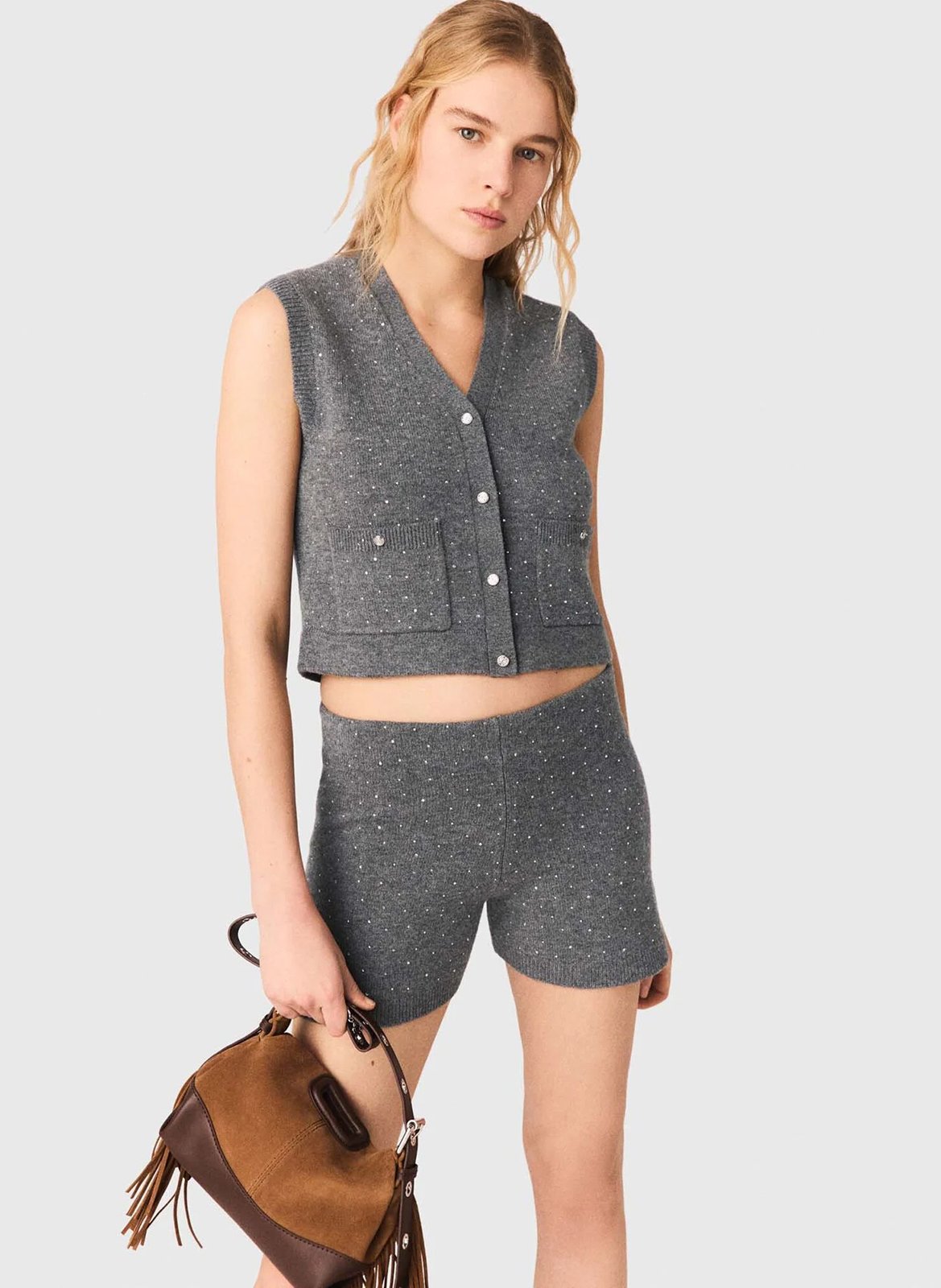 Gestreept vest van wol en kasjmier met V-hals MAJE Grijs