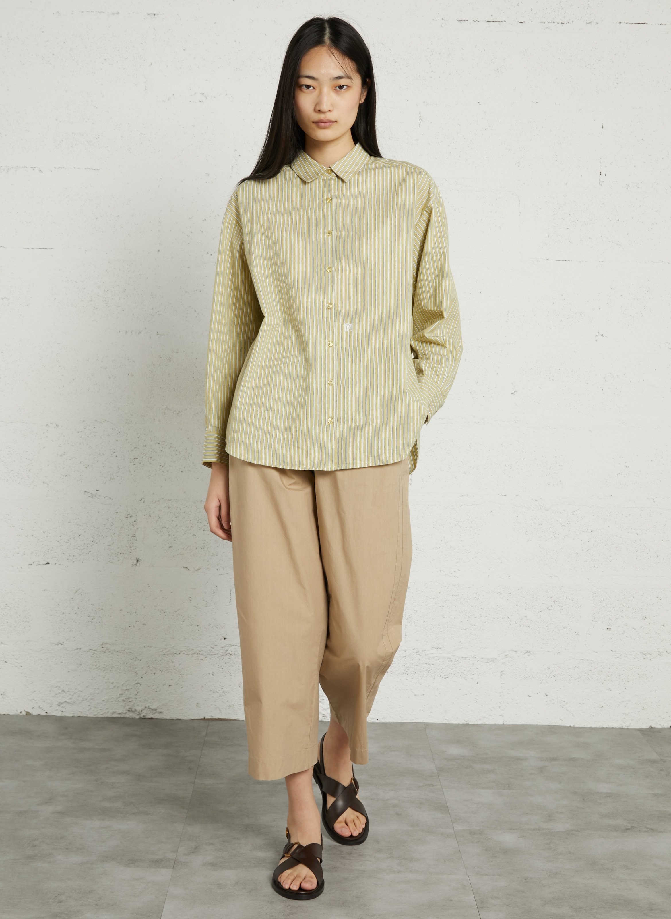 Ruimvallende, gestreepte, katoenen blouse met klassieke kraag PETITE MENDIGOTE Groen