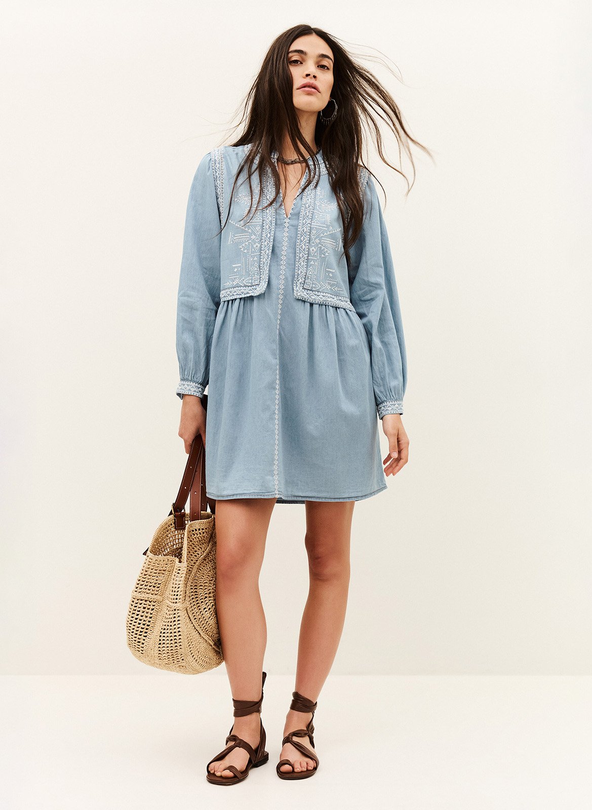Robe courte col V en coton brodé BA&SH Bleu