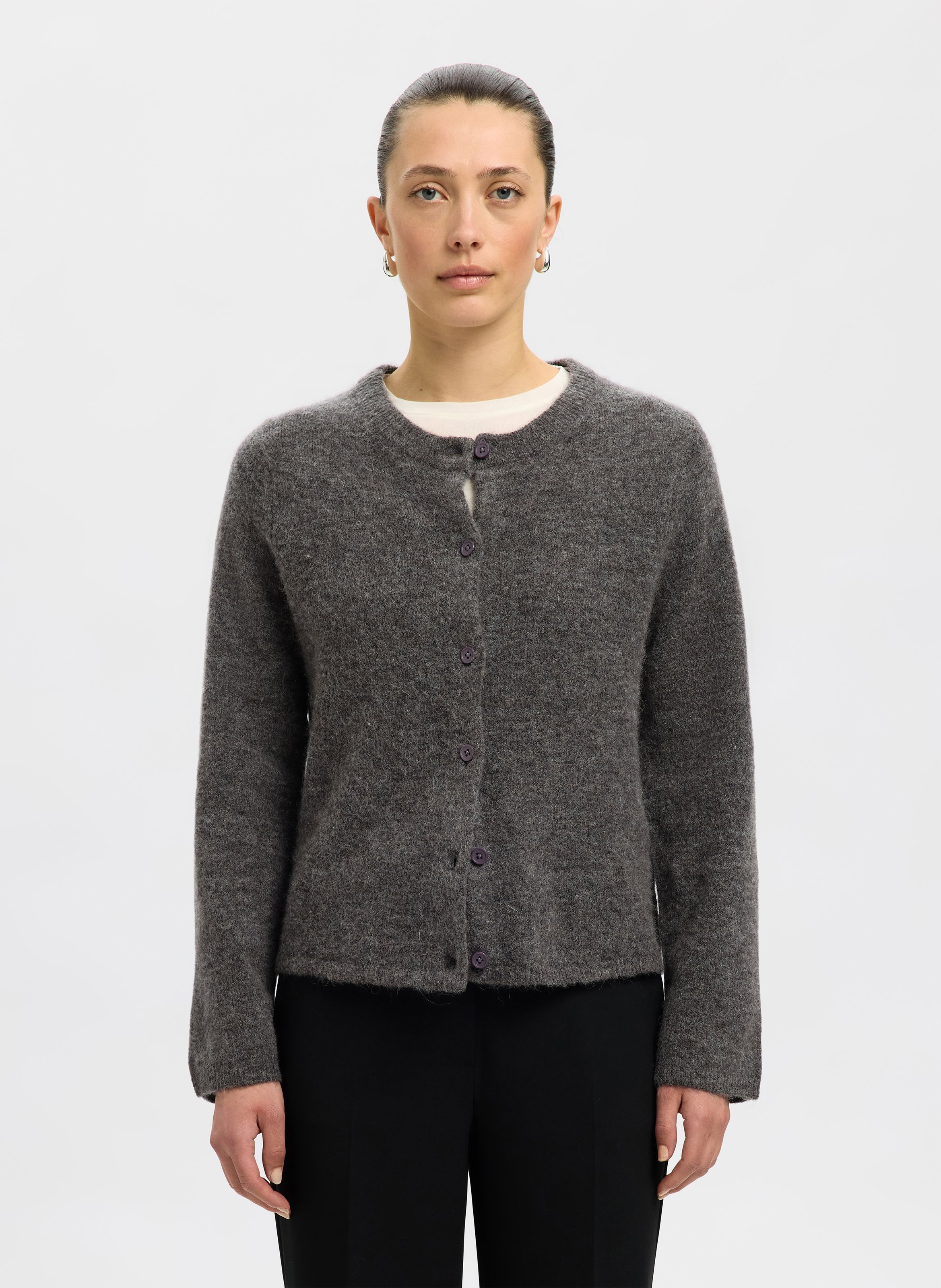 Strickjacke aus Woll-Mix mit Rundhalsausschnitt SELECTED Grau
