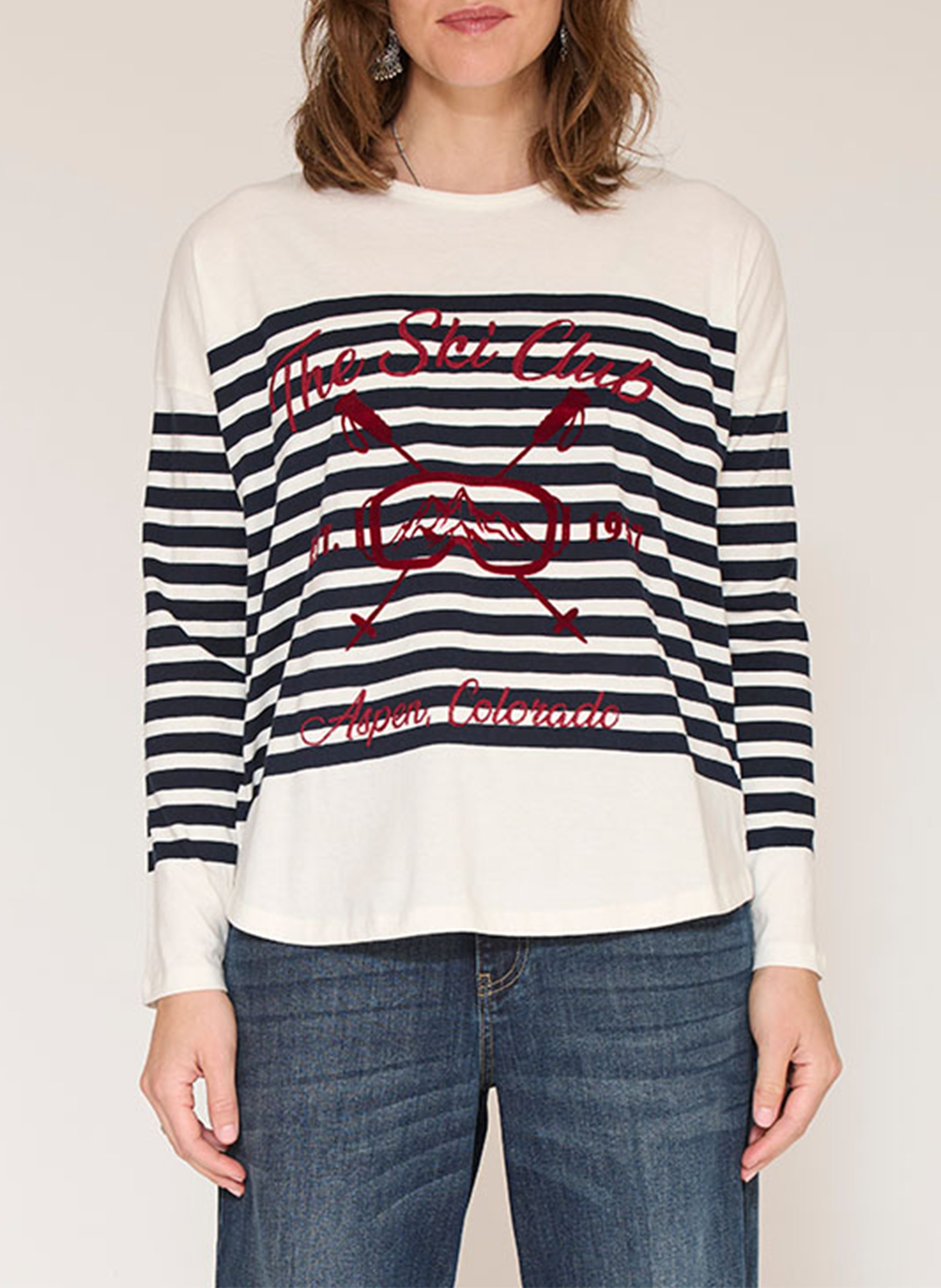 T-shirt droit col rond rayé et brodé en coton MKT Beige