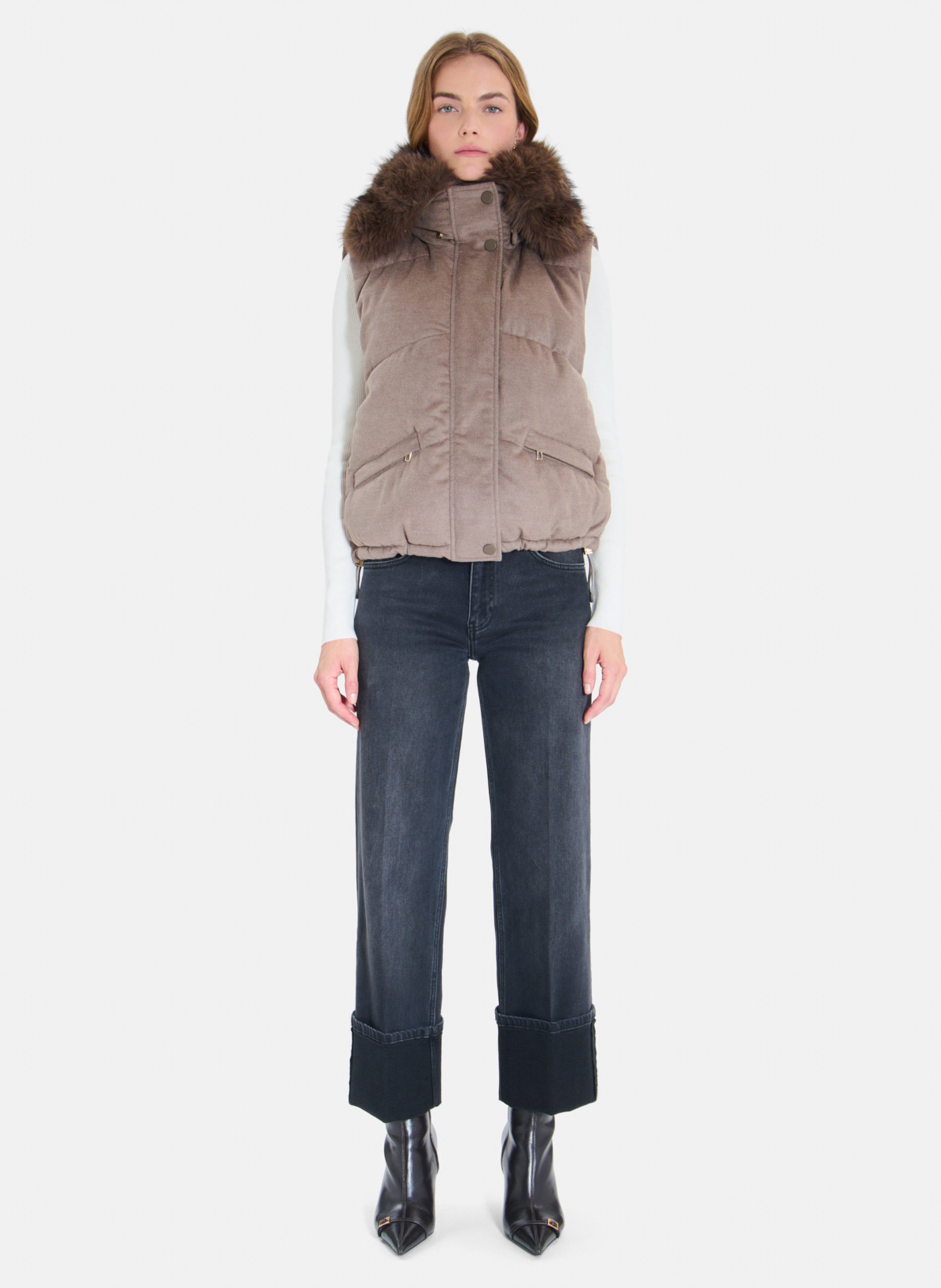 Straight sleeveless down jacket in a wool blend ZAPA Brown
