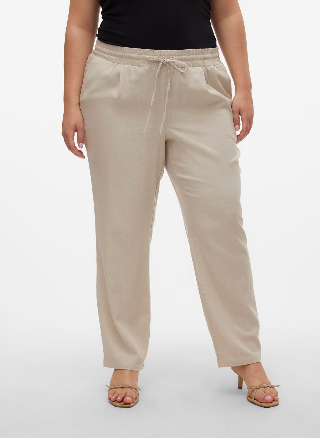 Pantalon droit taille haute en lin mélangé VERO MODA CURVE Beige
