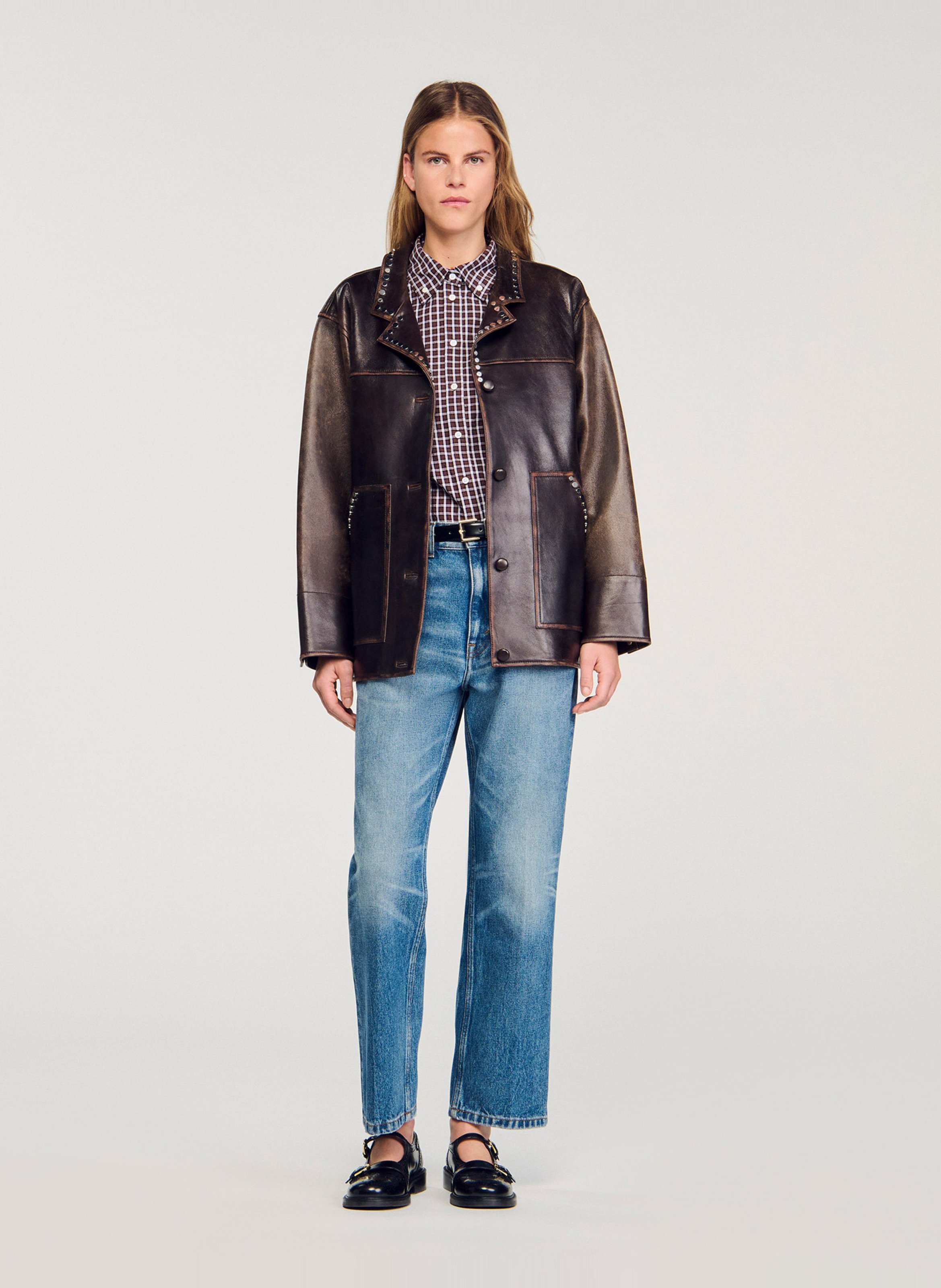 Oversized leren jas met kraag in smokingstijl SANDRO Bruin