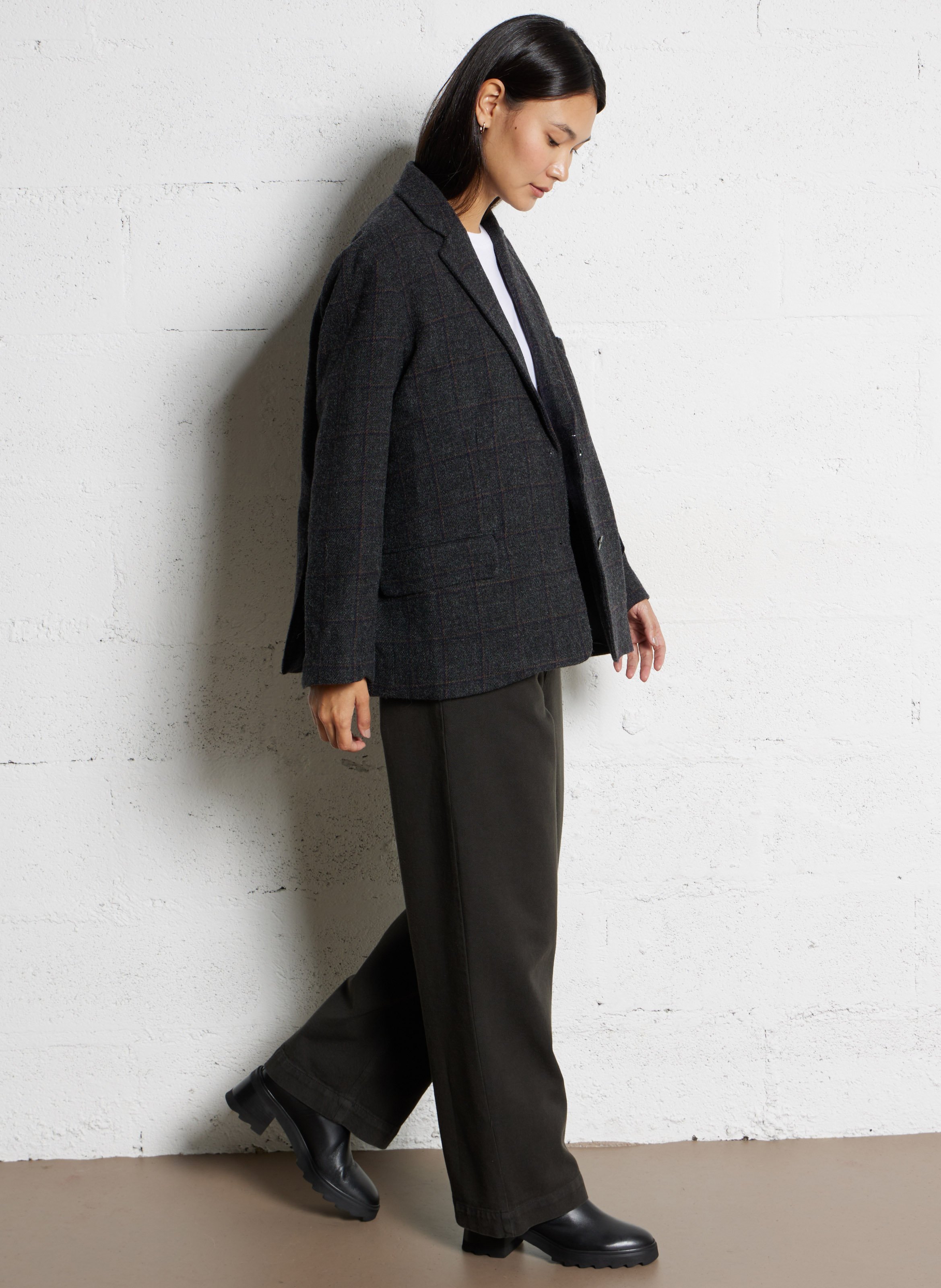 Veste oversize col tailleur à carreaux en laine vierge BELLEPIECE Noir