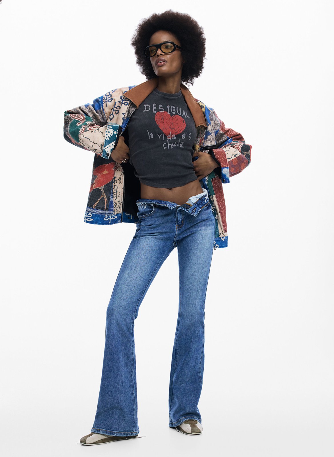 Tee-shirt droit col rond en coton mélangé sérigraphié DESIGUAL Noir