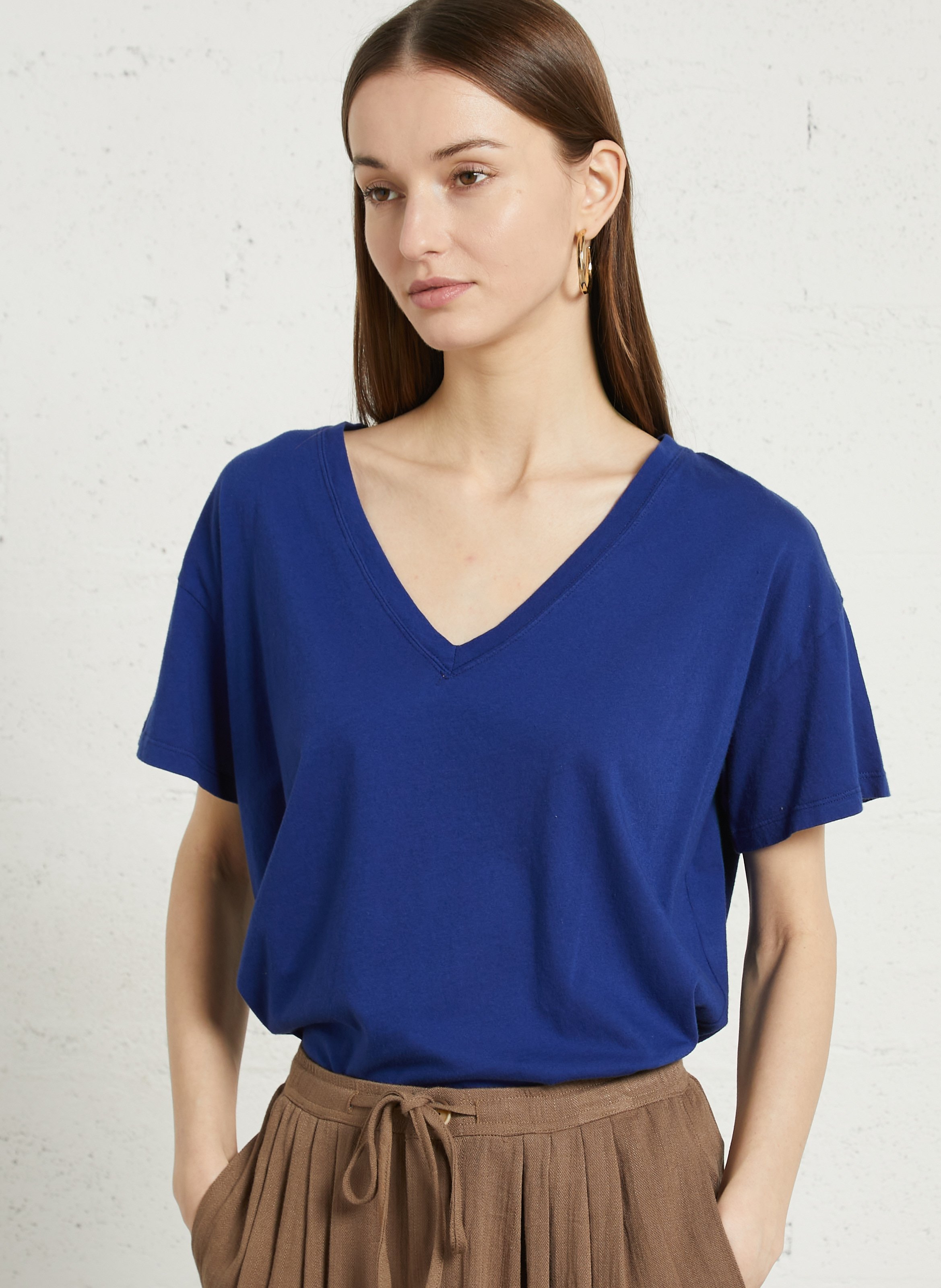 T-shirt met korte mouwen en V-hals uni MAJESTIC FILATURES Blauw