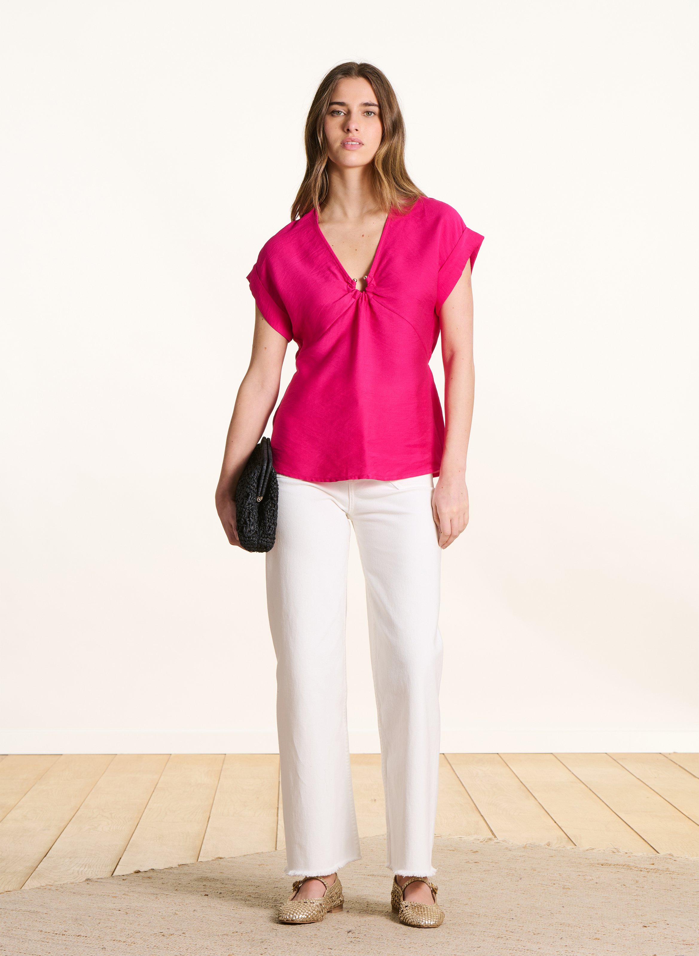 Nauwsluitende top met V-hals Roze