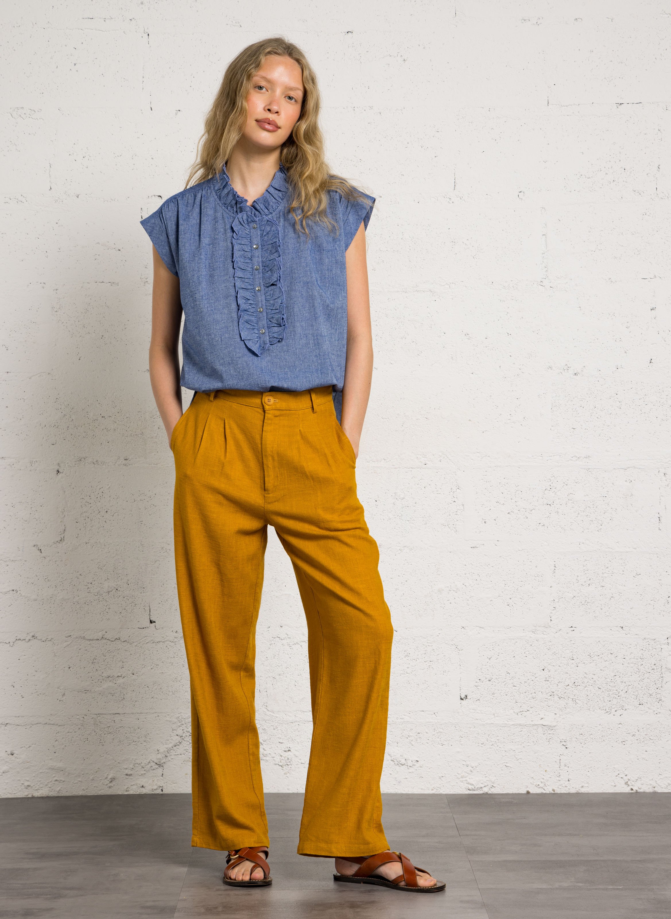 Gerade geschnittene Hose aus Leinen und Baumwolle BELLA JONES Gelb