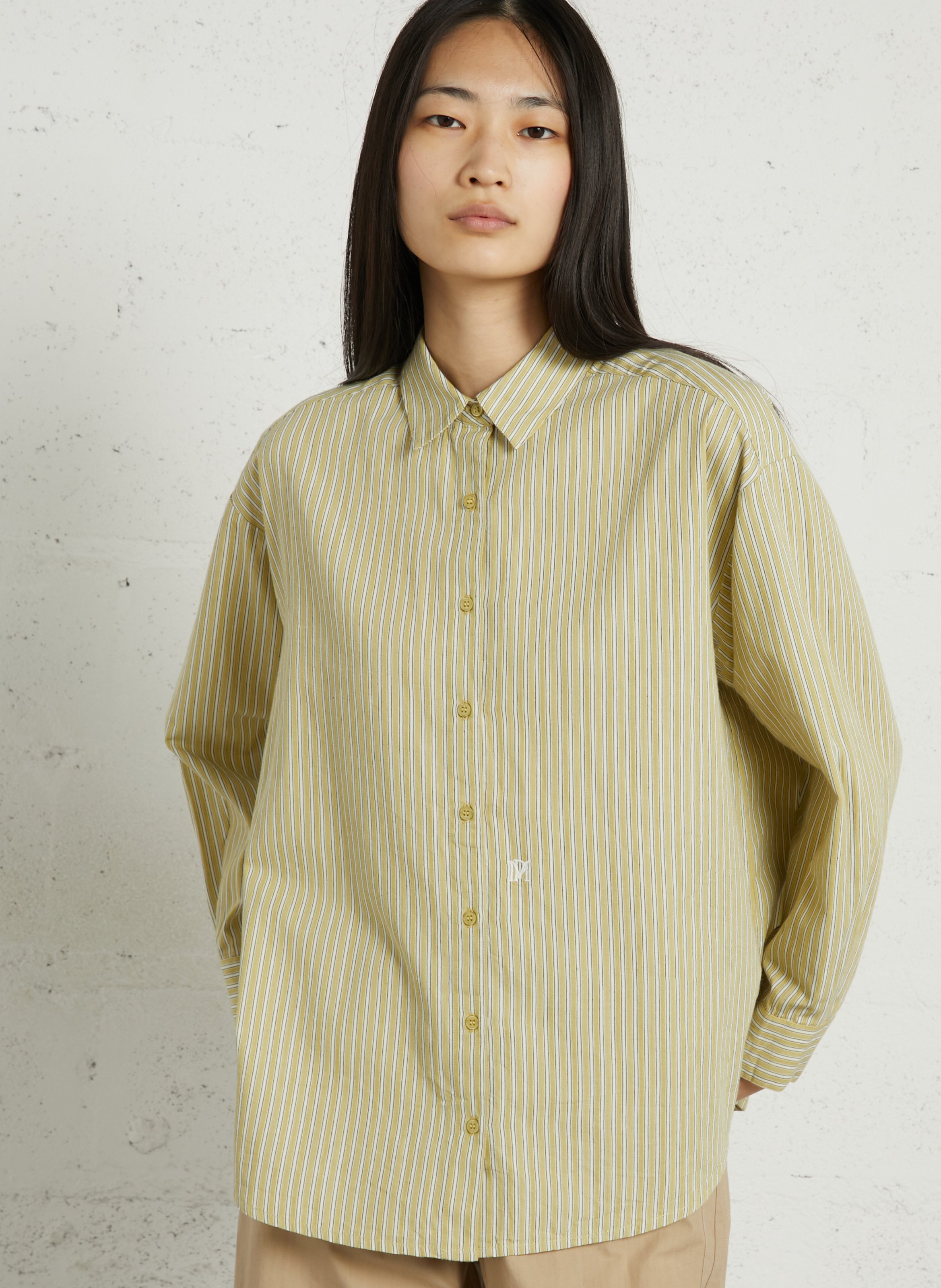 Ruimvallende, gestreepte, katoenen blouse met klassieke kraag PETITE MENDIGOTE Groen