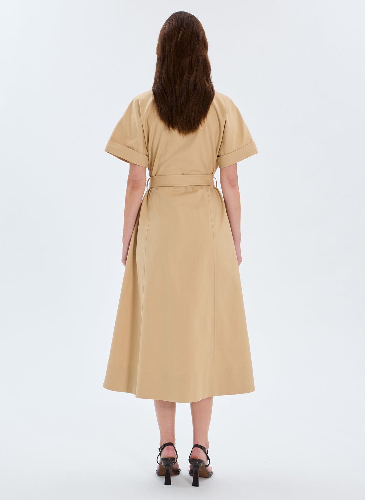 Robe midi col classique en coton mélangé Beige