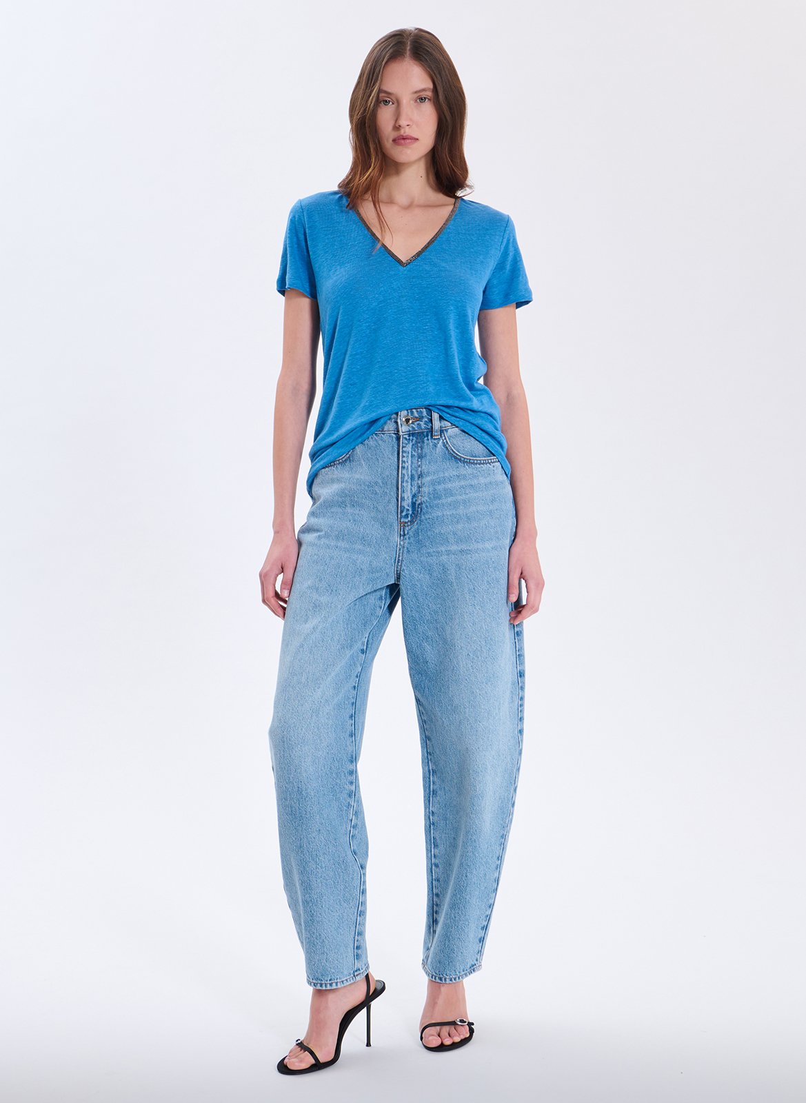 Tee-shirt col v en lin ZAPA Bleu