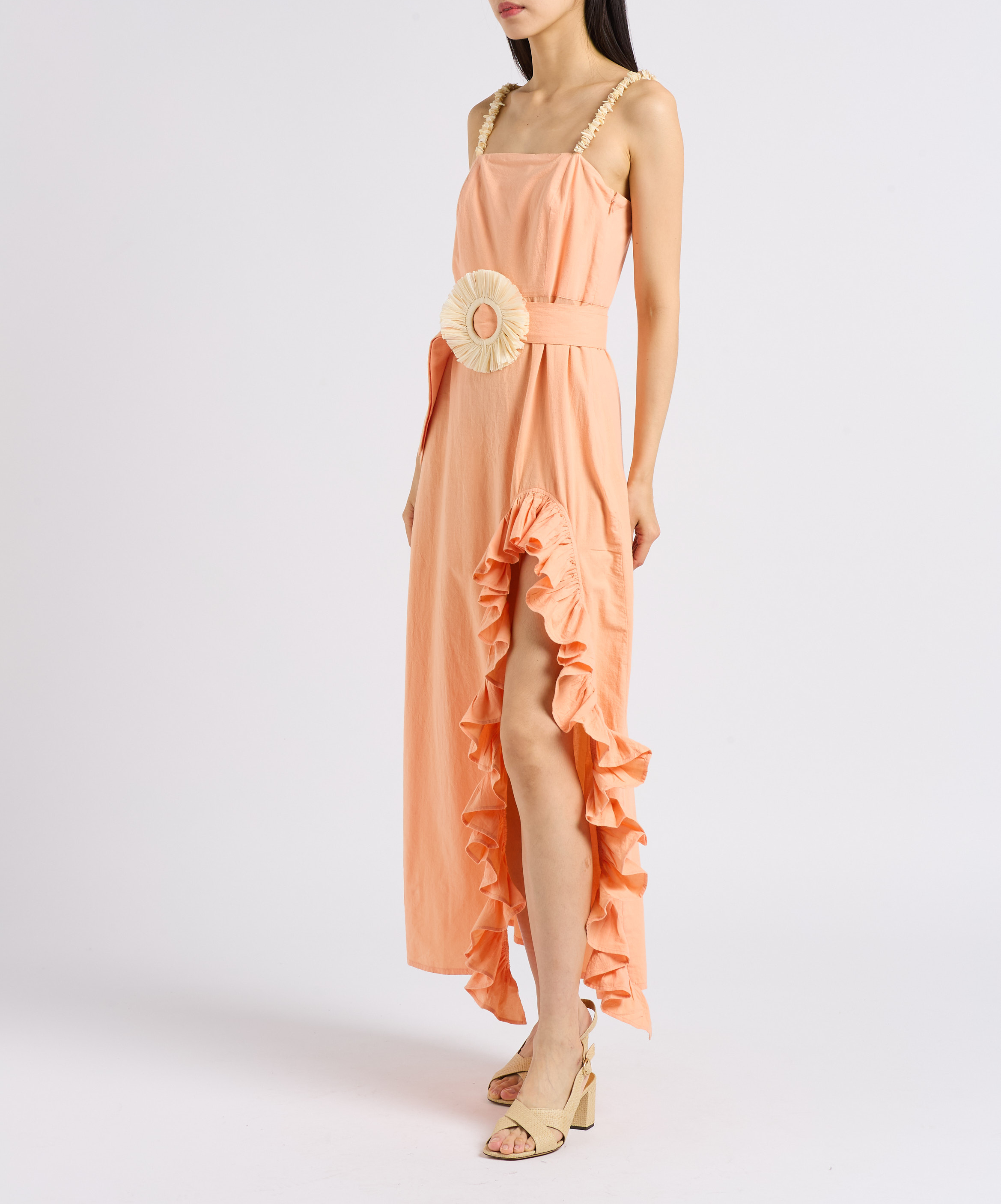 Long flounced dress with belt and seashells SUNDRESS Beige
