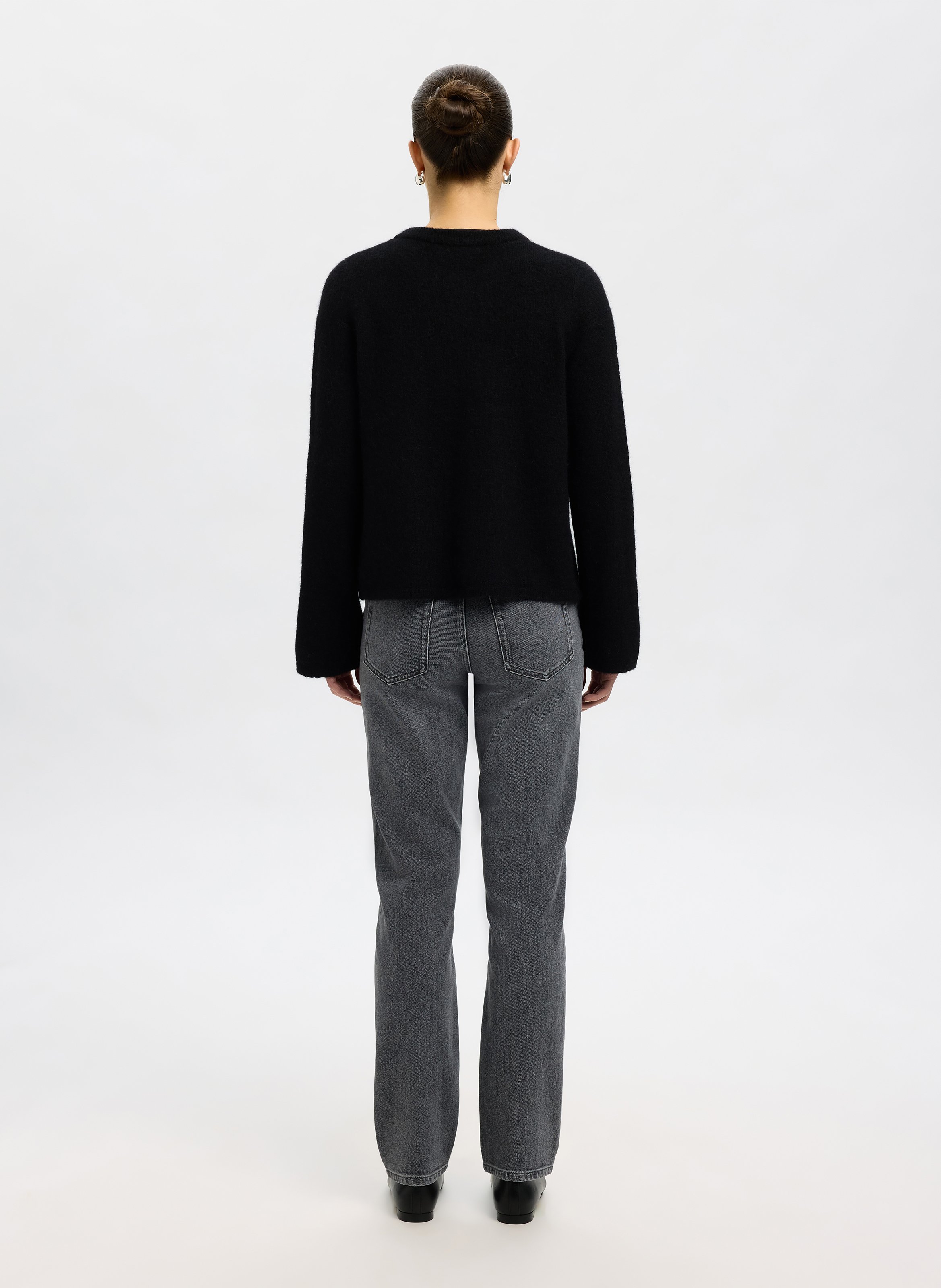 Round-neck mixed-knit cardigan SELECTED Black
