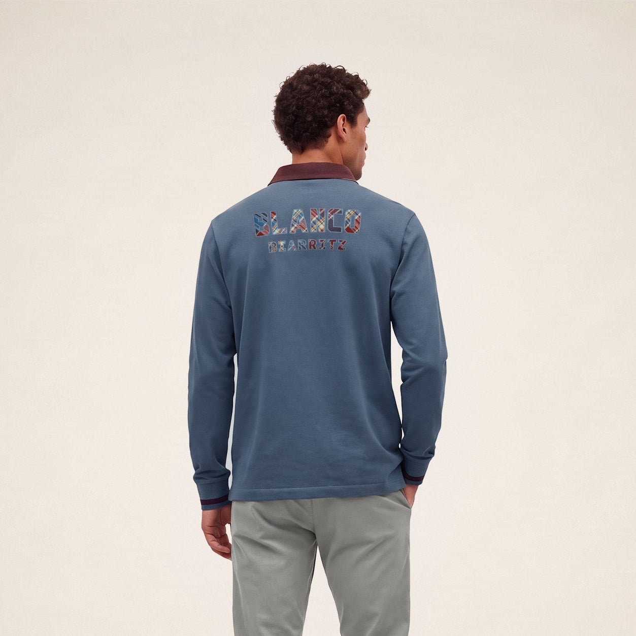 BLANCO BIARRITZ long-sleeved rugby polo shirt in blue lupin tartan SERGE BLANCO Blue