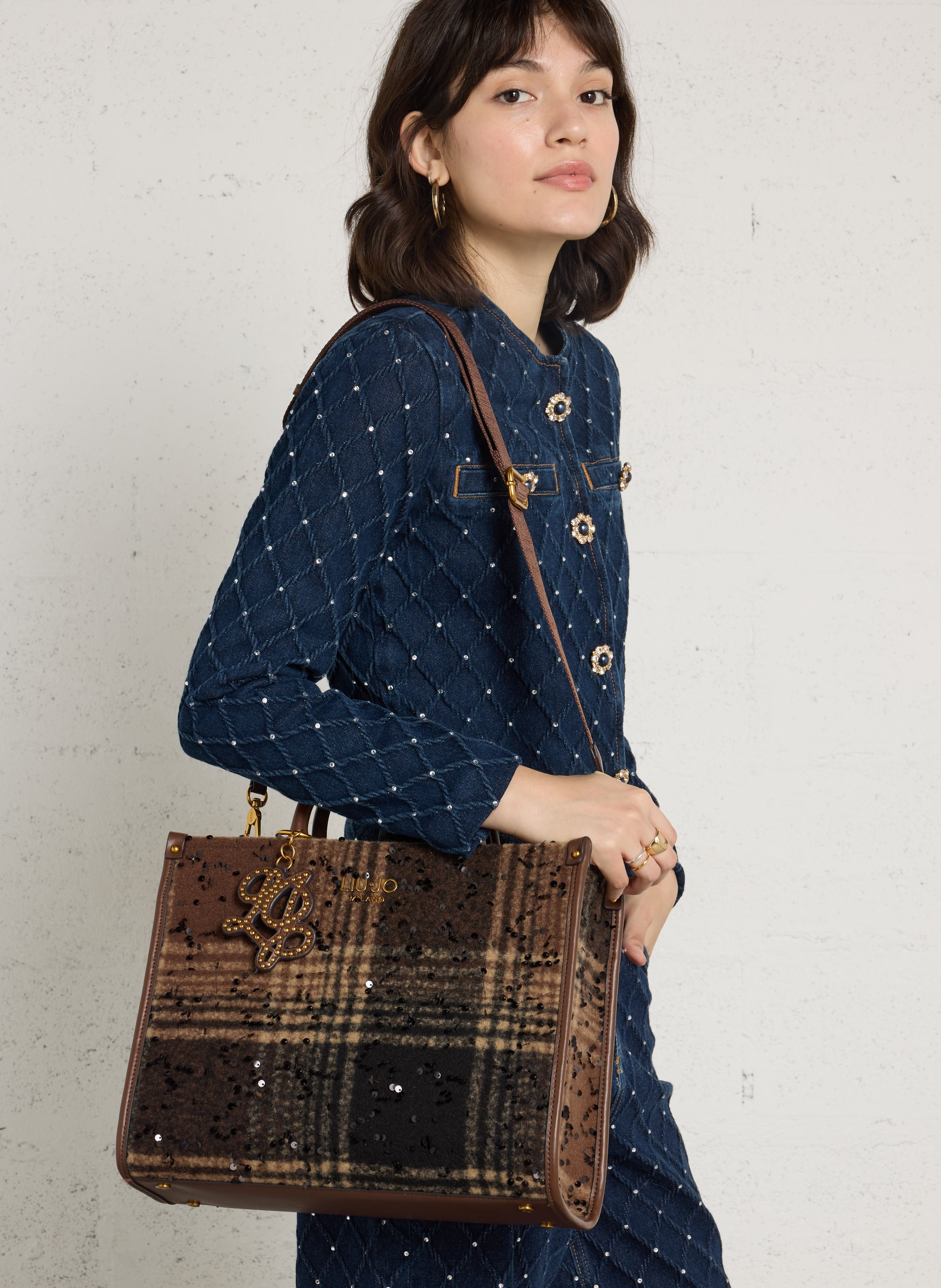 Sequin Check Handbag LIU JO Brown