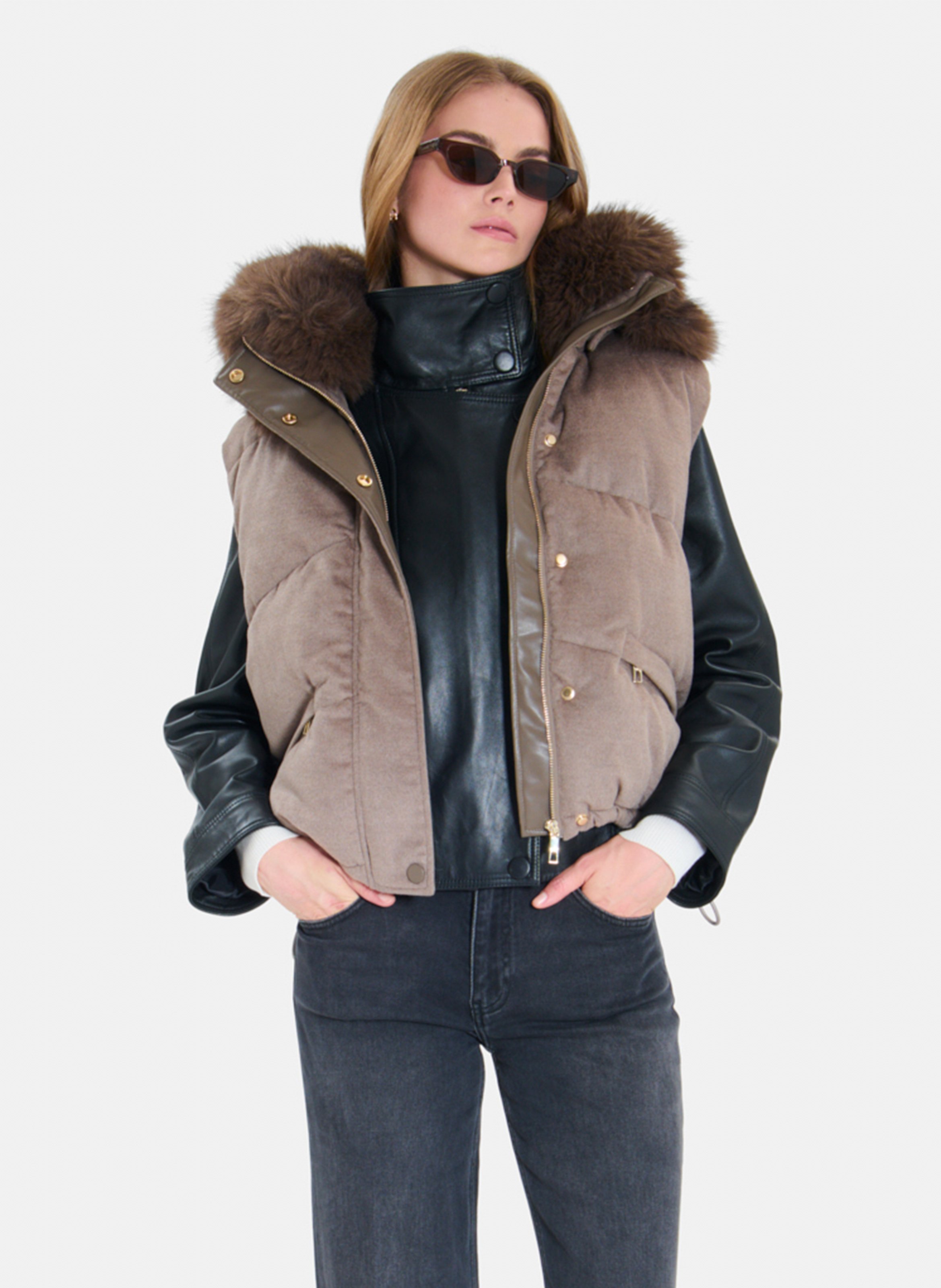 Straight sleeveless down jacket in a wool blend ZAPA Brown