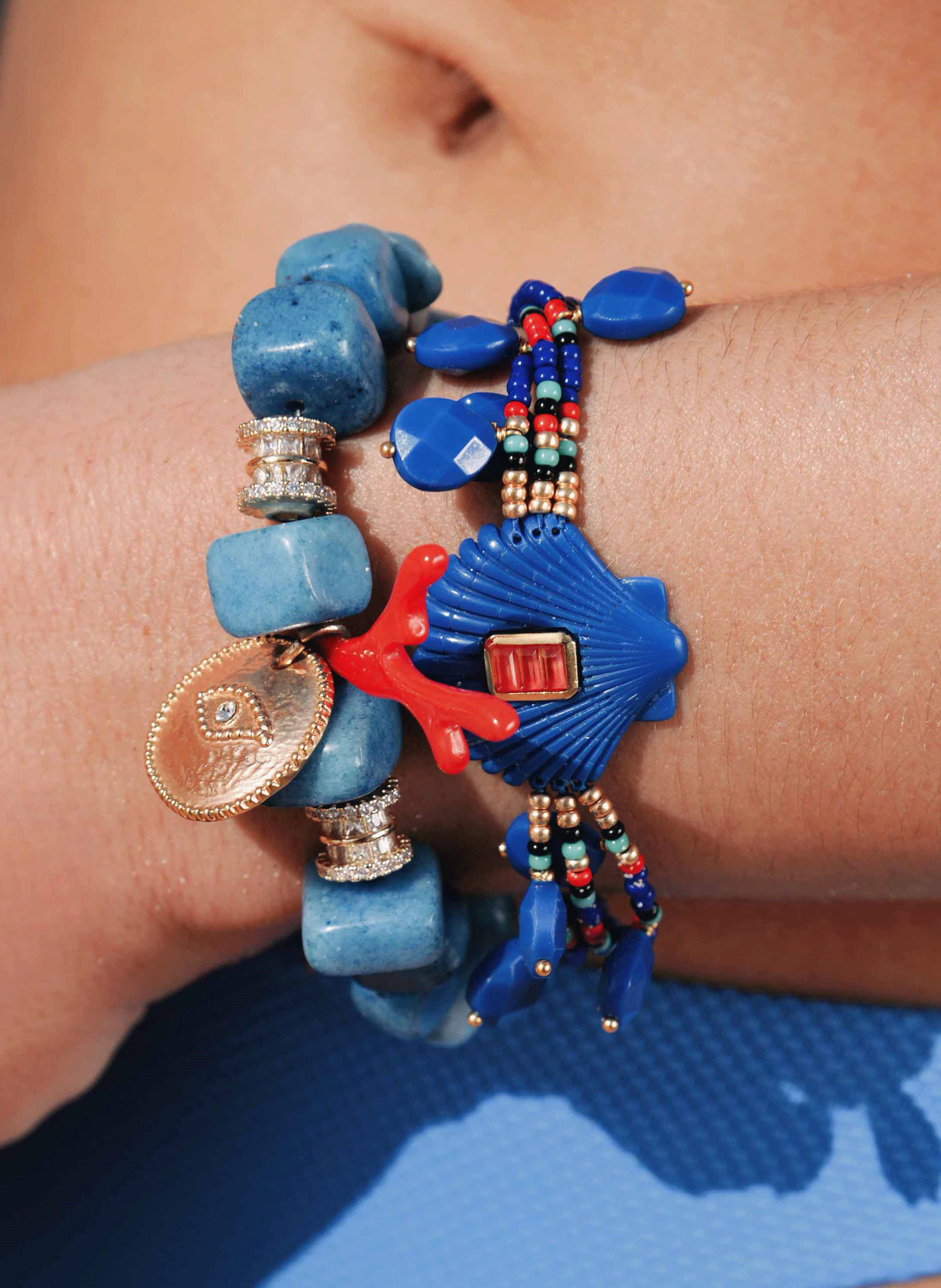 Adjustable bracelet with beads and pendants HIPANEMA Blue