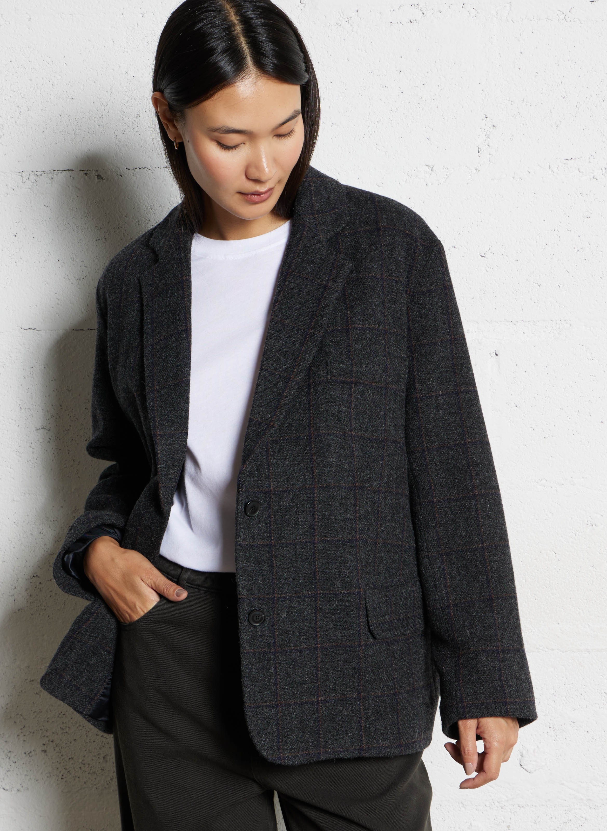 Veste oversize col tailleur à carreaux en laine vierge BELLEPIECE Noir