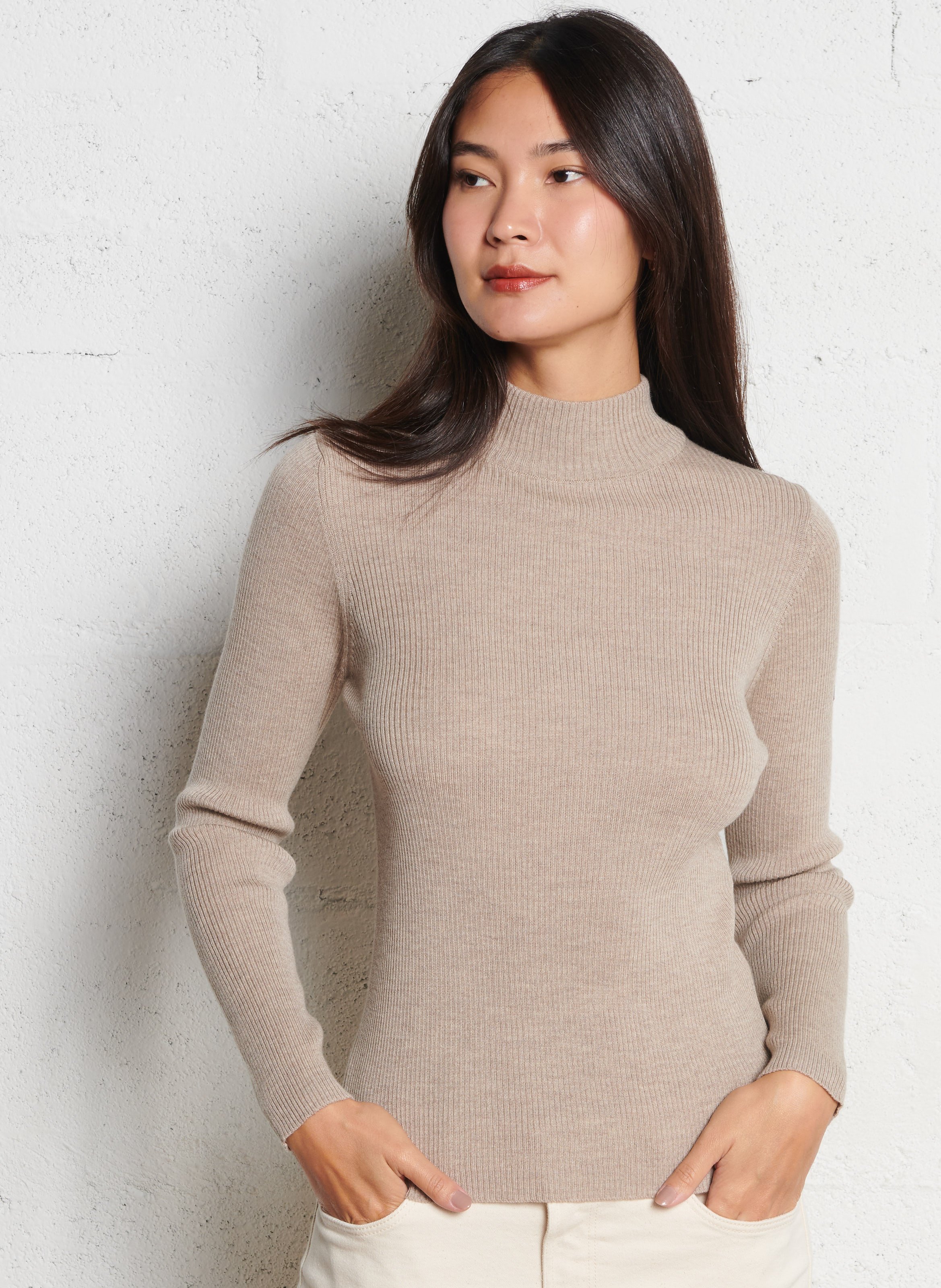 Pull col montant côtelé en laine ARMOR LUX Beige