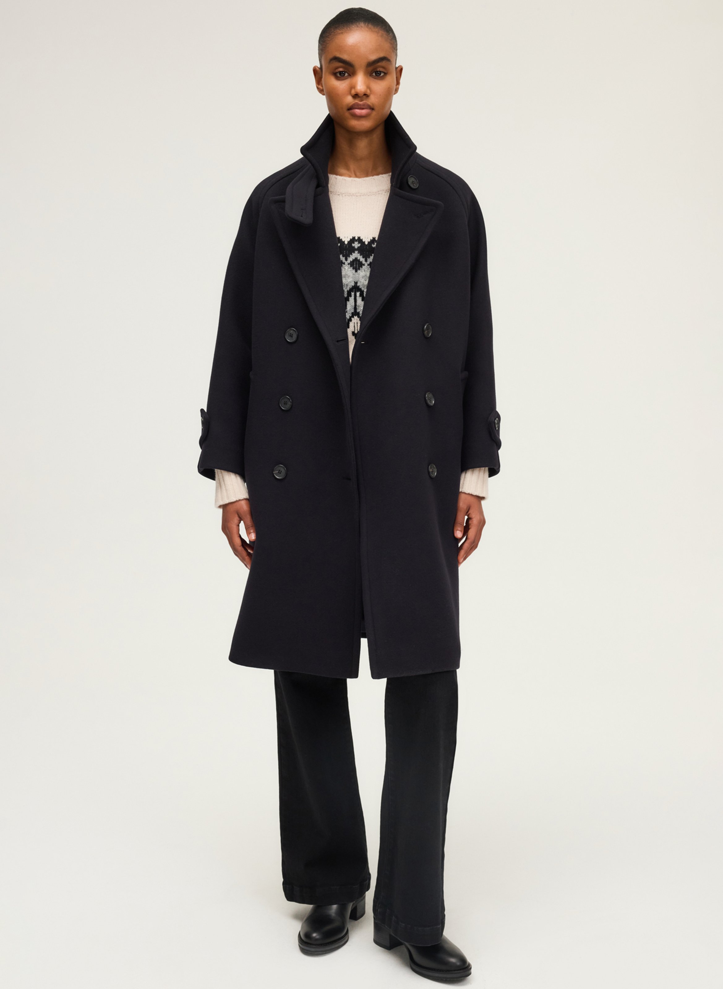 Manteau boutonné droit uni en laine mélangée PABLO Bleu