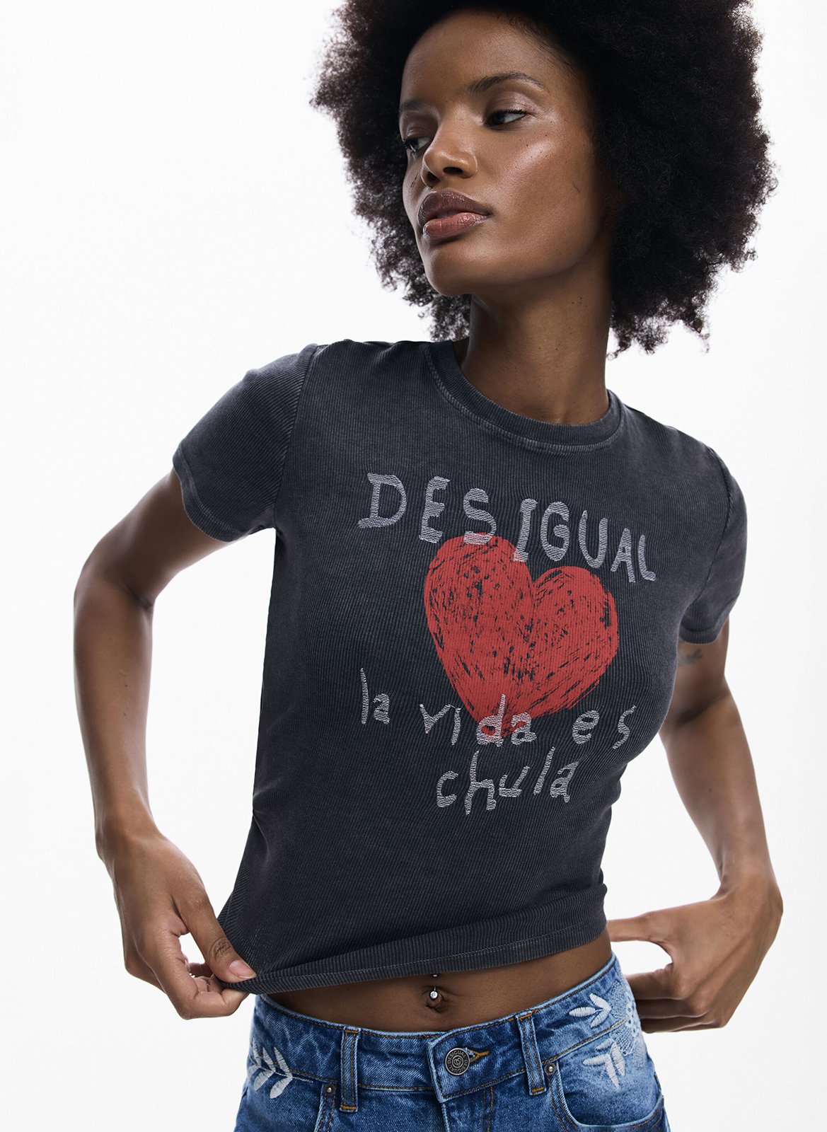 Tee-shirt droit col rond en coton mélangé sérigraphié DESIGUAL Noir