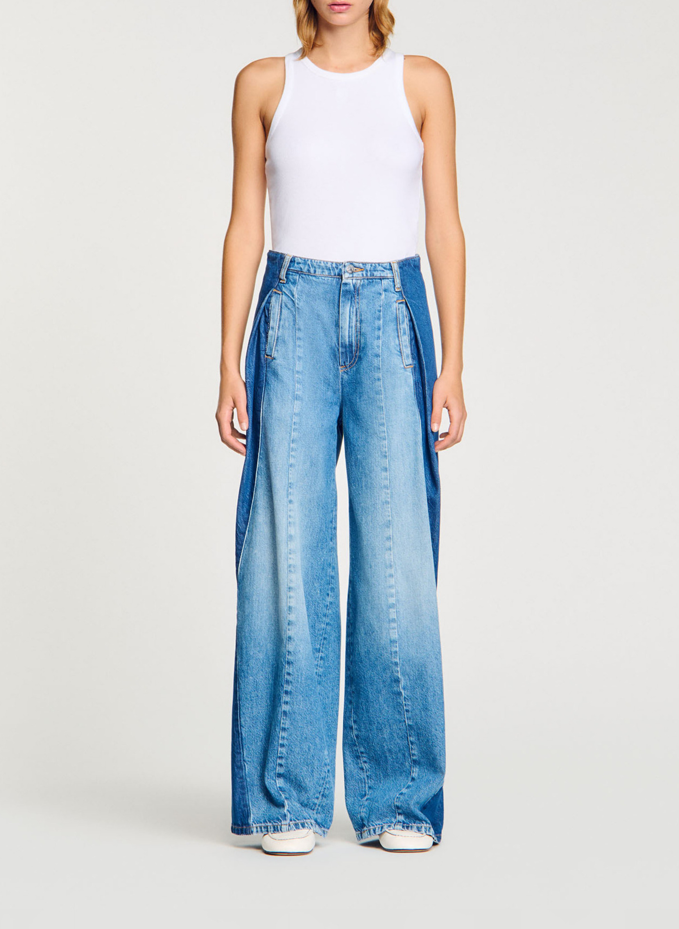 Jean large à empiècements en coton  SANDRO Bleu