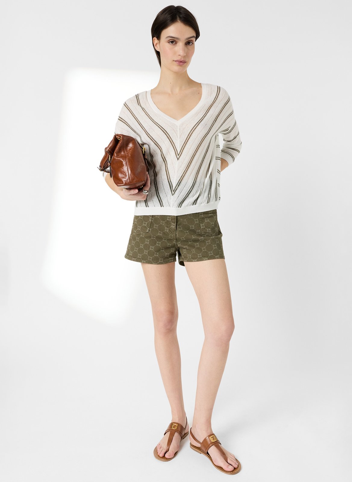 Pull droit col V en coton et lin rayé GERARD DAREL Kaki