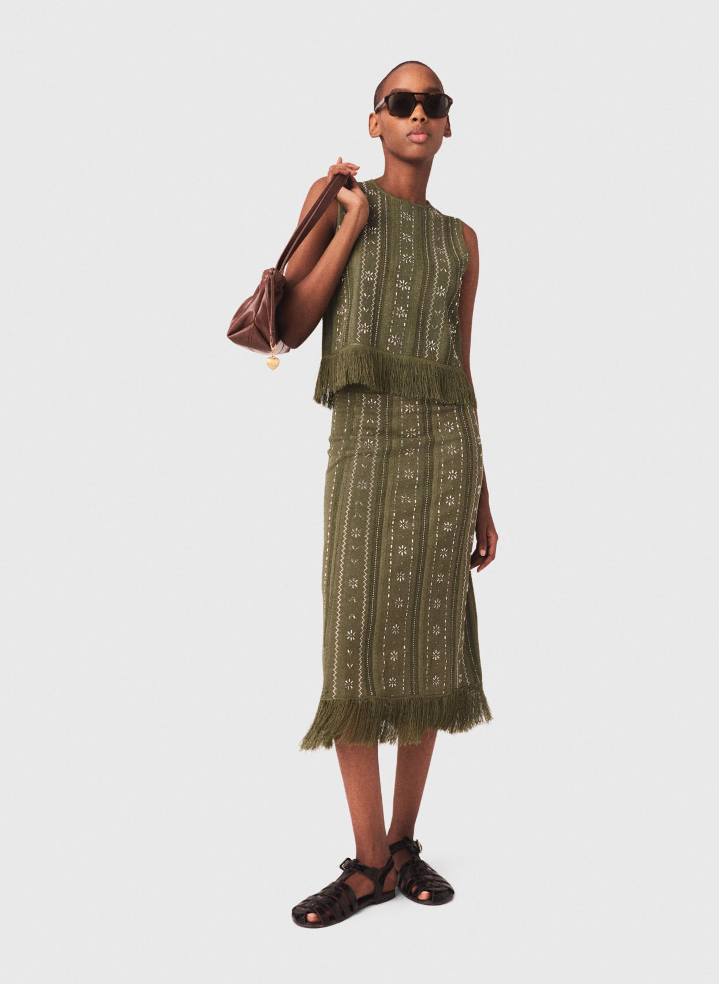 Rok van gebreide stof met strass bloemen MAJE Kaki