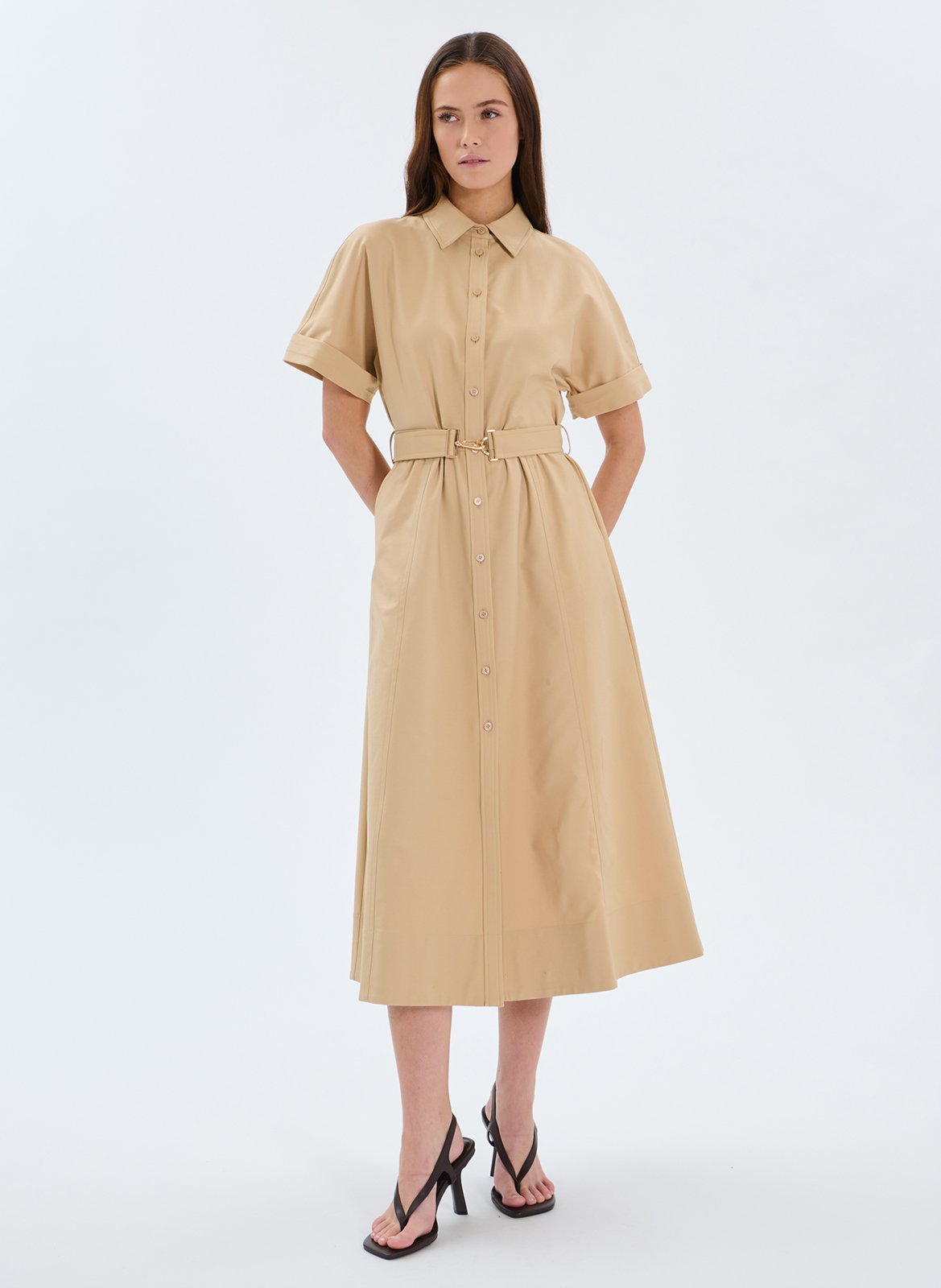 Robe midi col classique en coton mélangé Beige