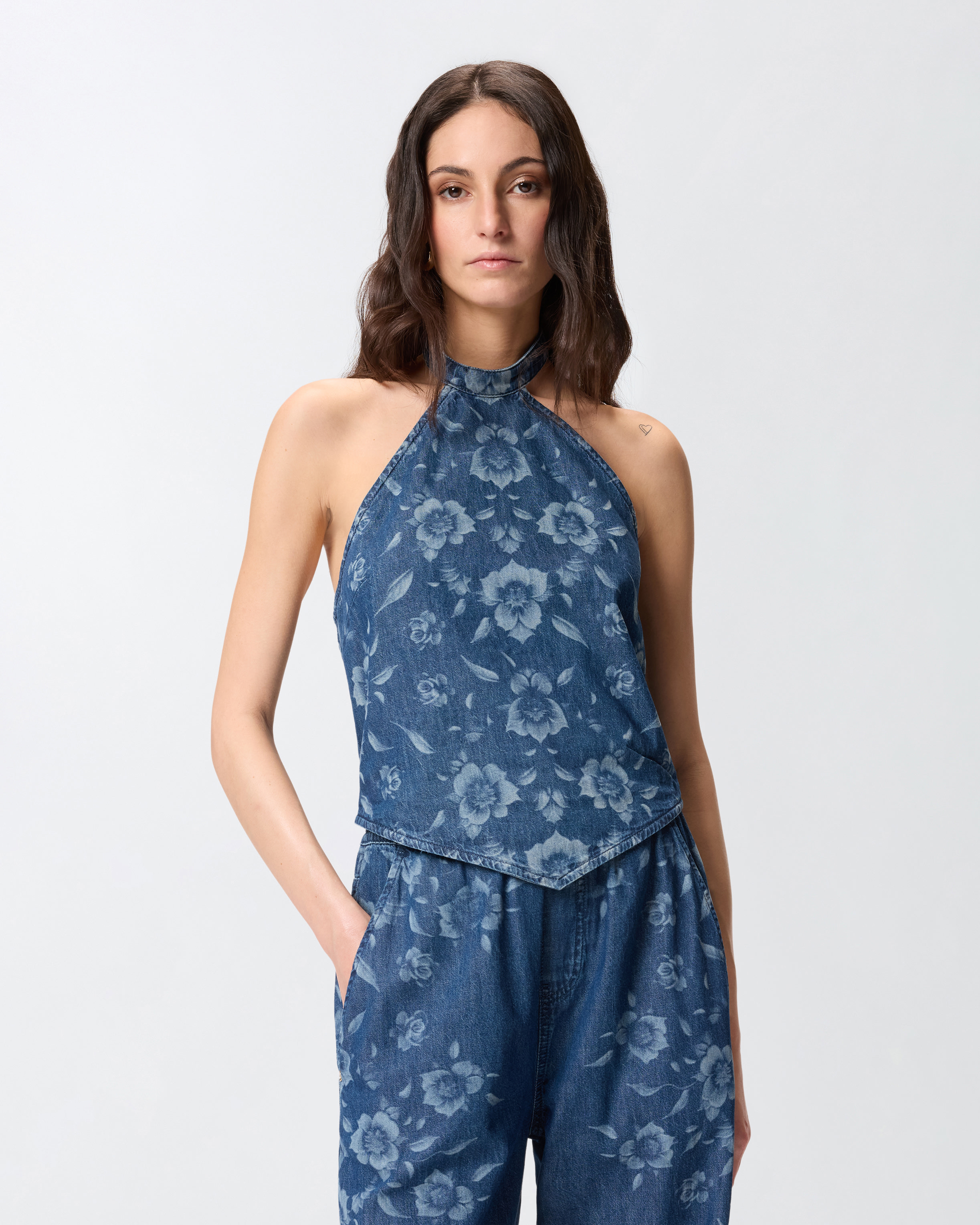 Top en denim floral PINKO Bleu