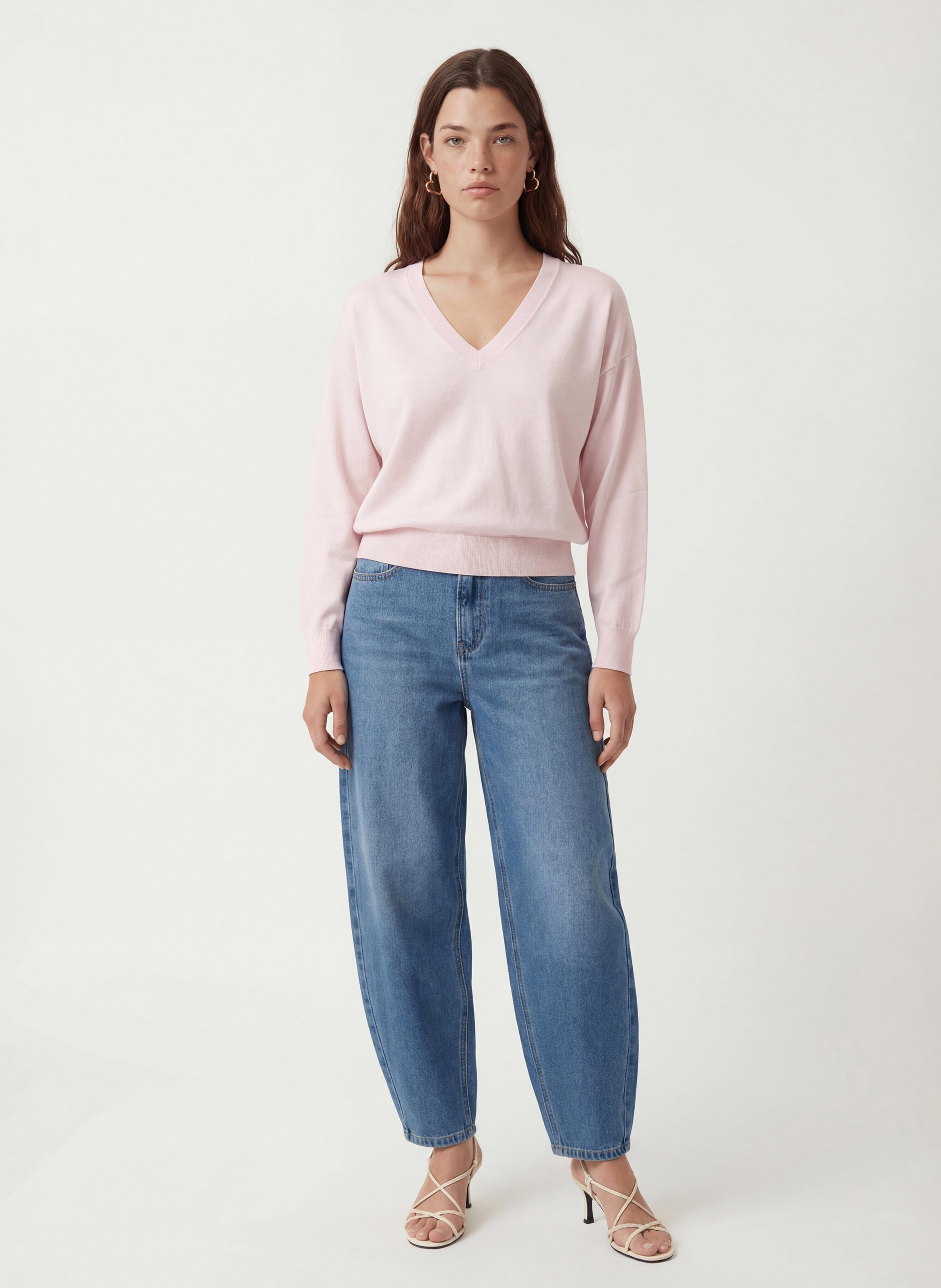 Mixed-knit straight V-neck sweater KOOKAI Pink