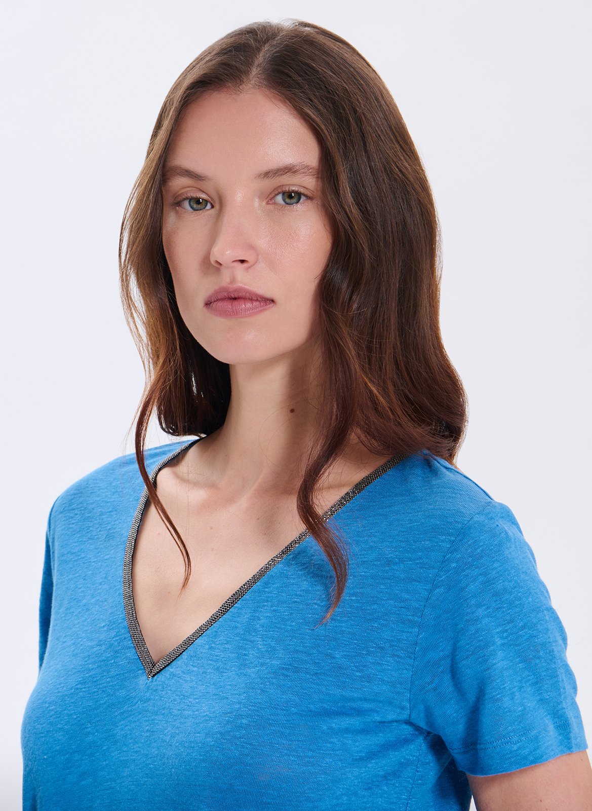 Tee-shirt col v en lin ZAPA Bleu