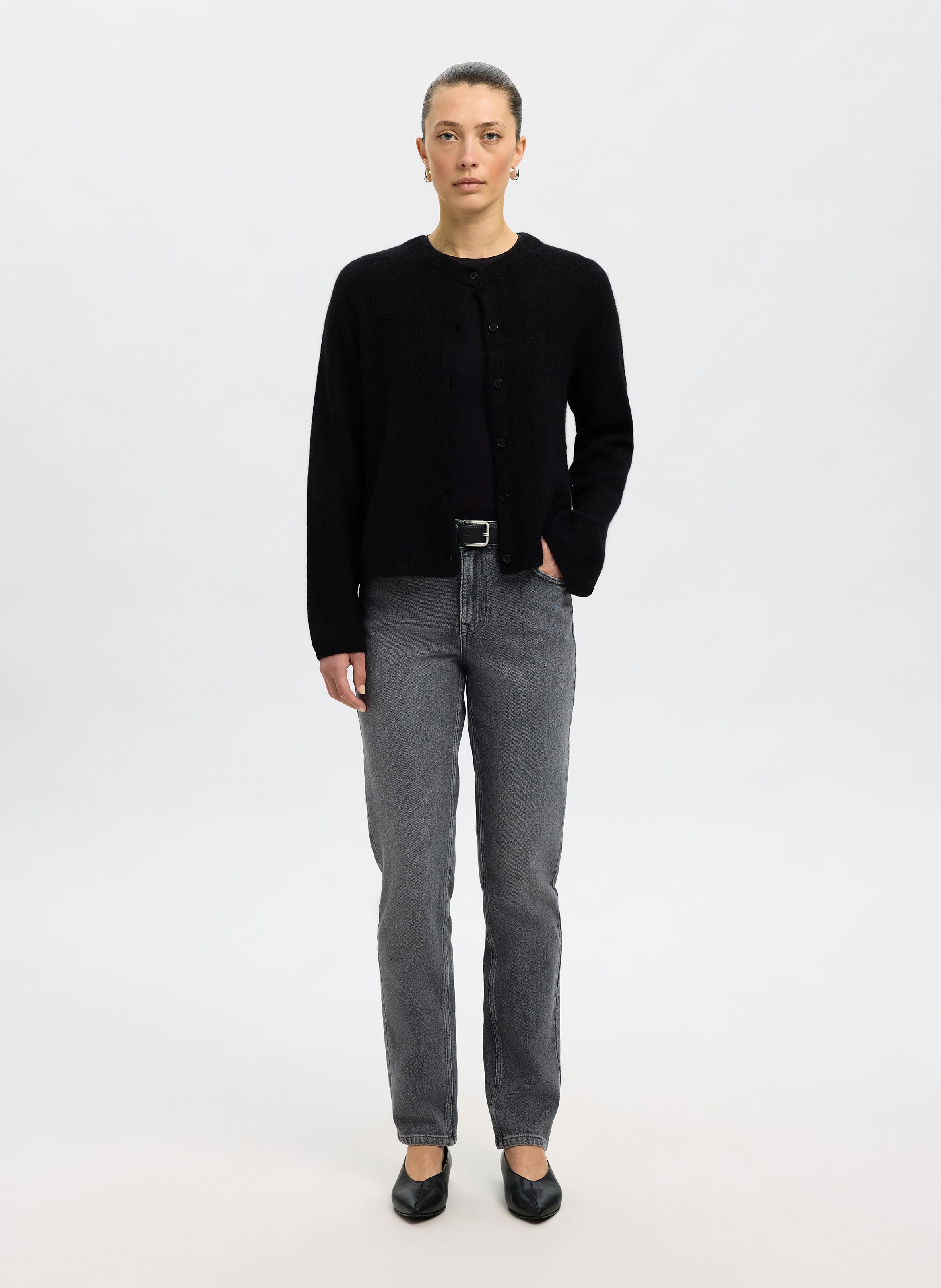 Round-neck mixed-knit cardigan SELECTED Black