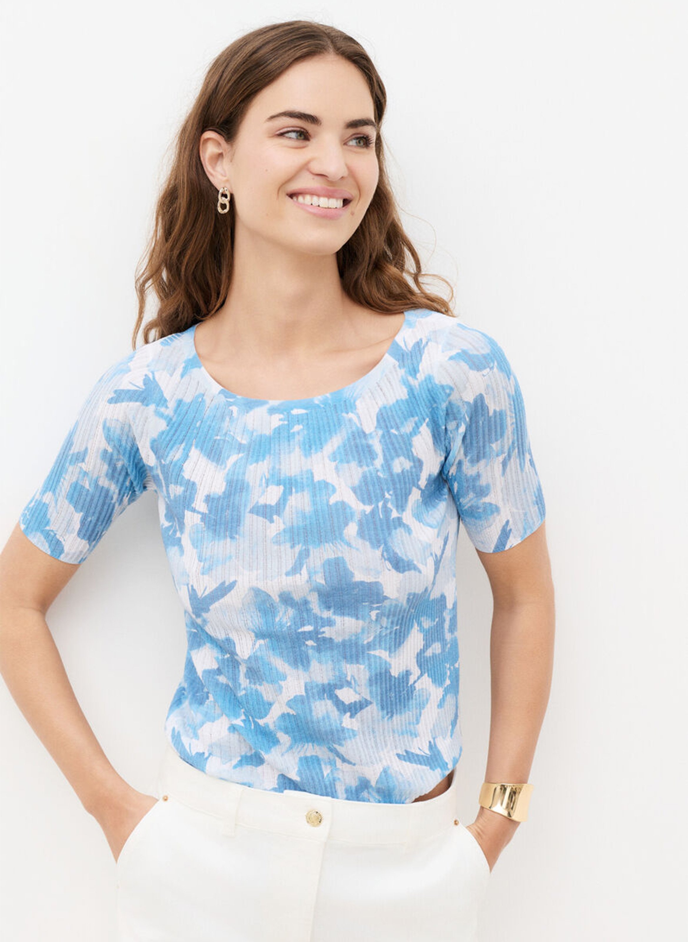 Top droit col bateau imprimé CAROLL Bleu