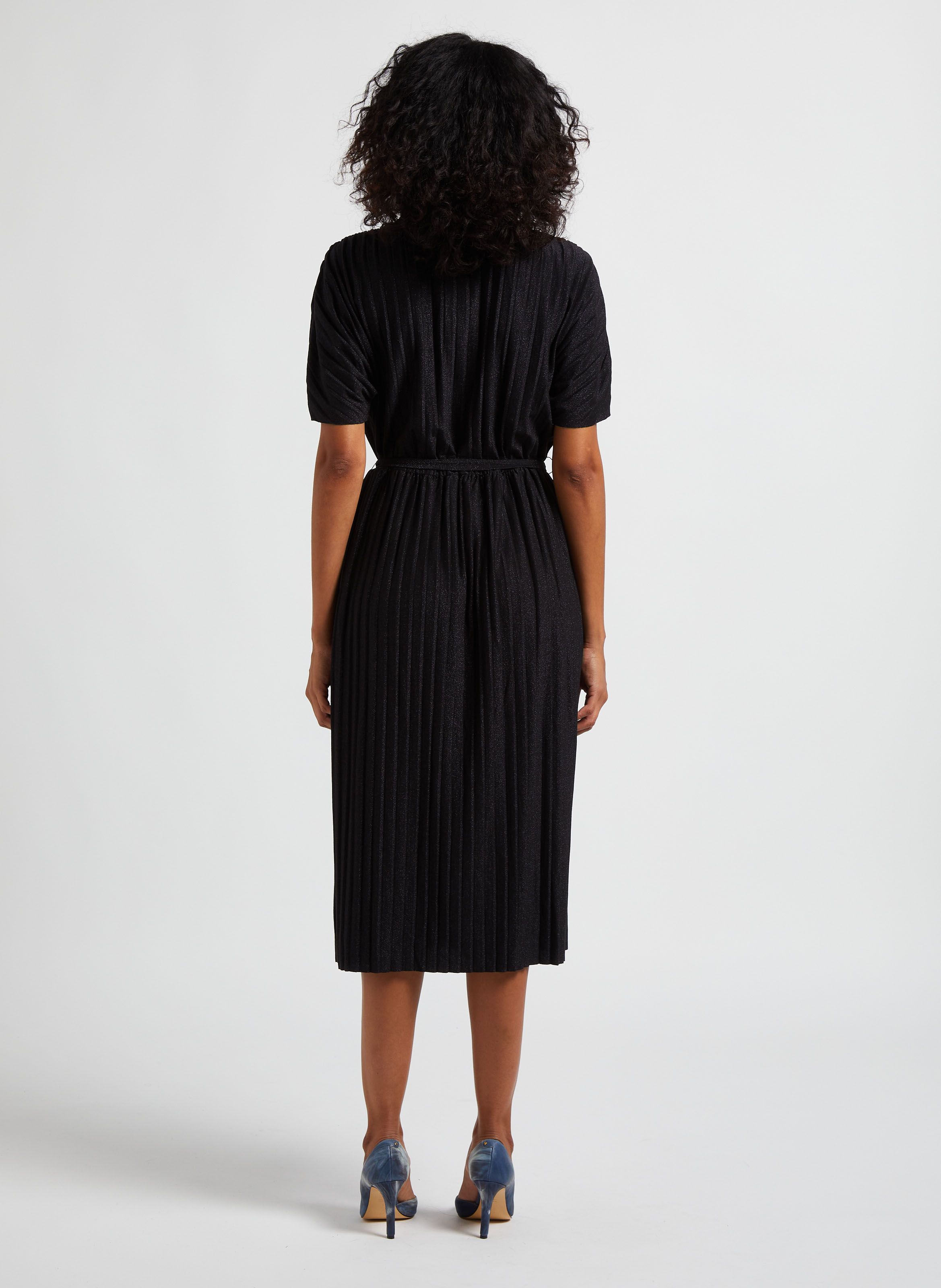 Robe midi col classique pliss paillette Noir