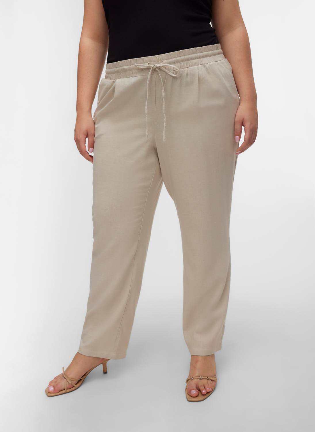 Pantalon droit taille haute en lin mélangé VERO MODA CURVE Beige
