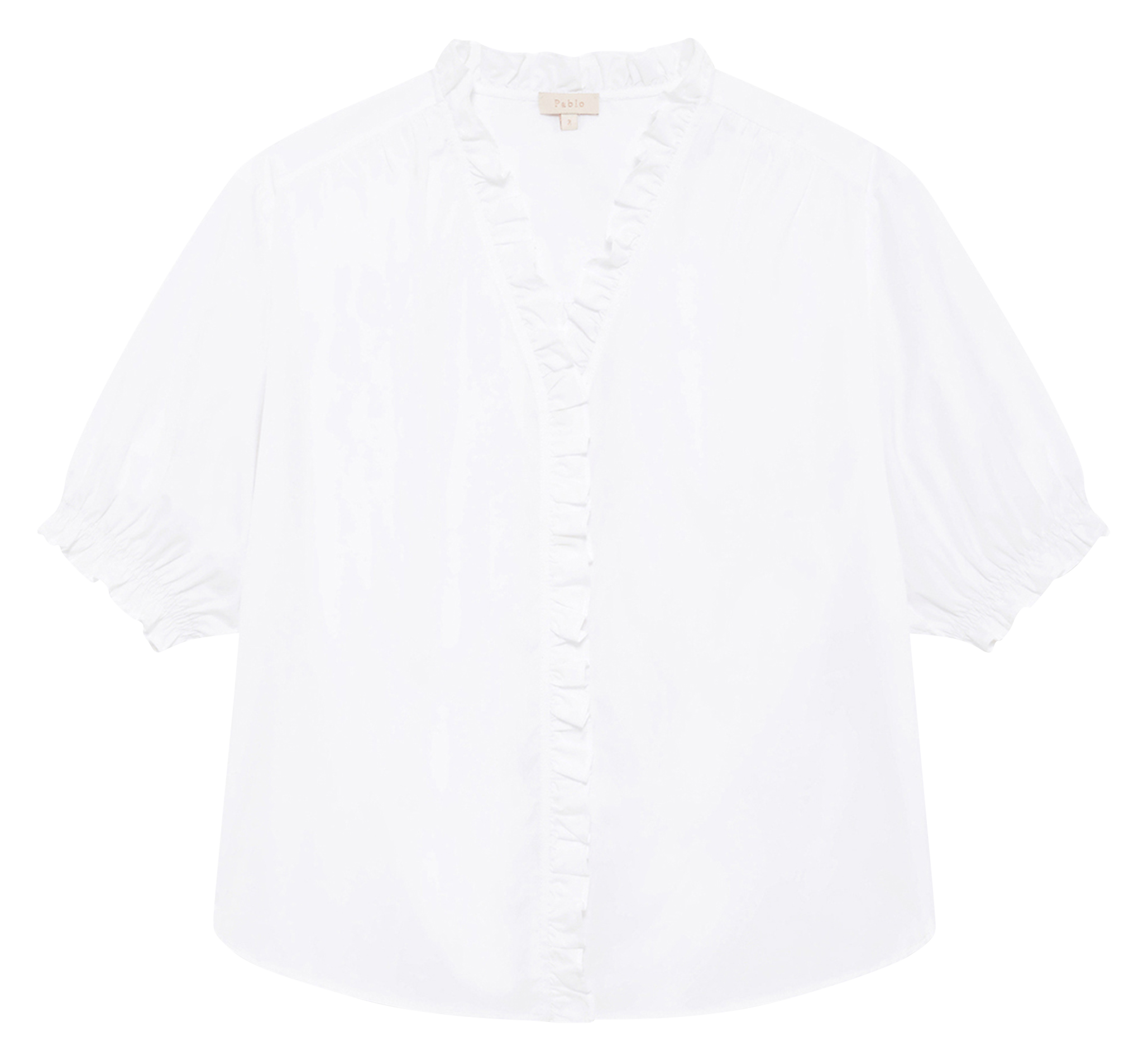 Blouse col V à volants unie en coton PABLO Blanc