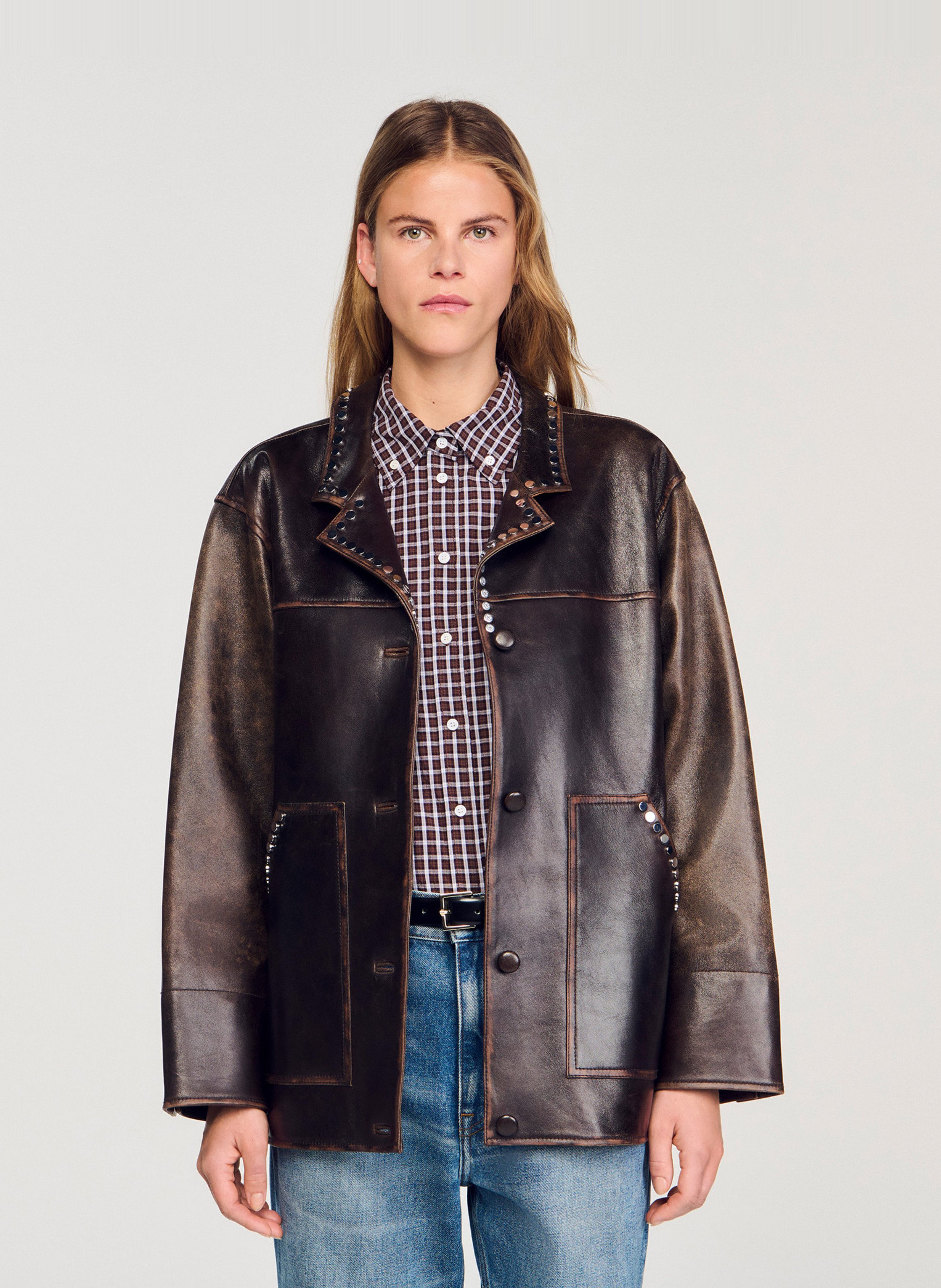 Oversized leren jas met kraag in smokingstijl SANDRO Bruin