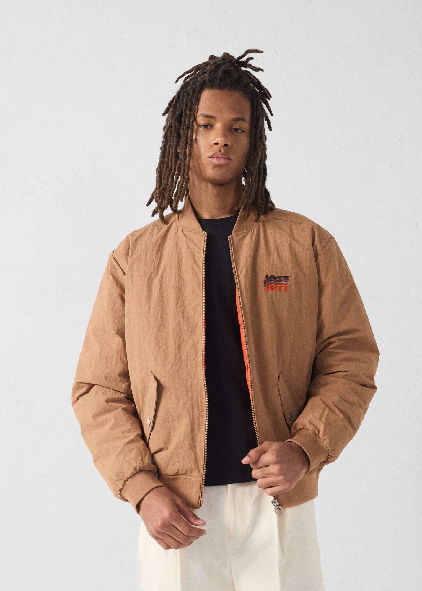 Bomber jacket in brown sugar/fire red bentham. JOTT Brown