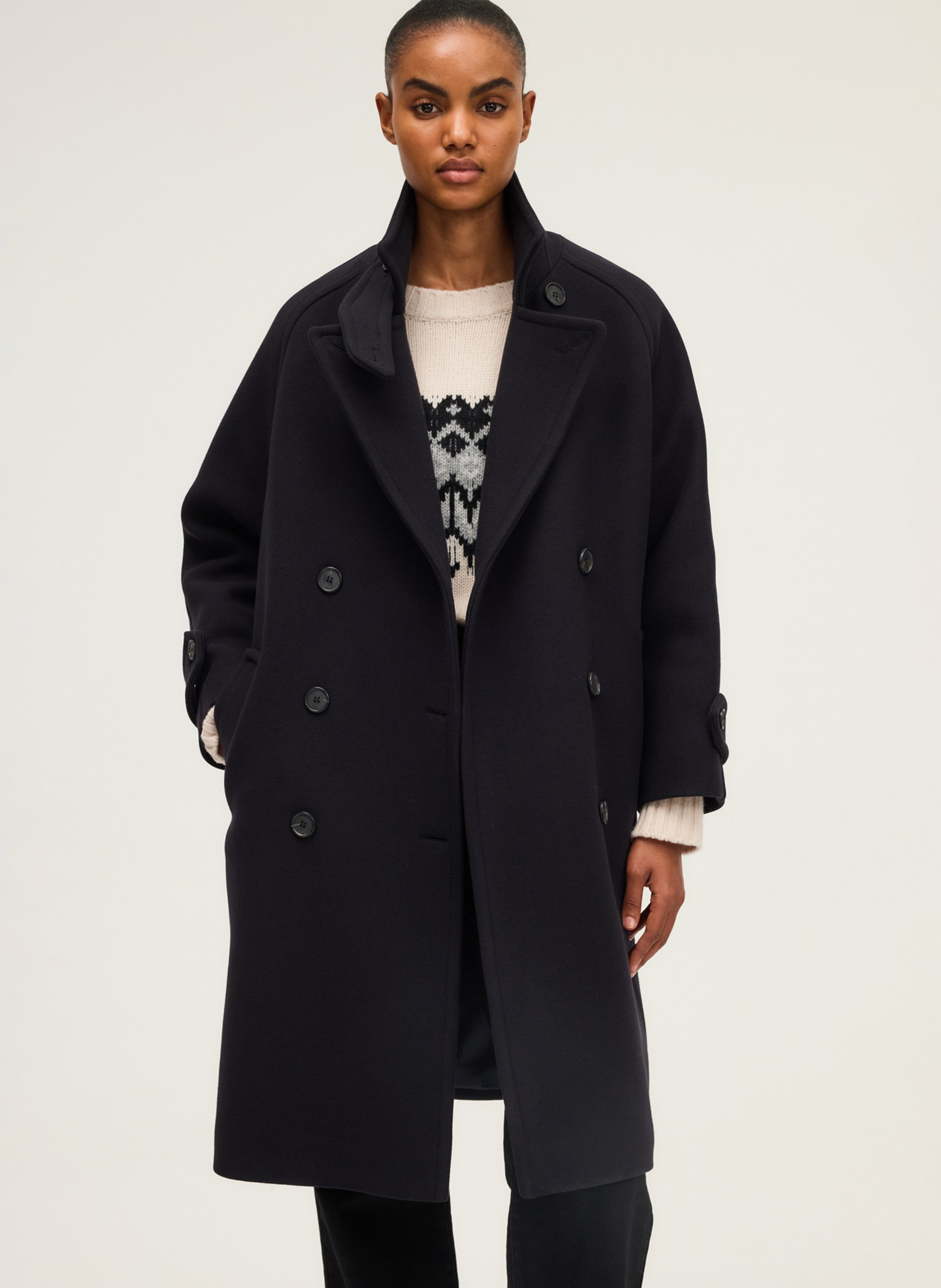 Manteau boutonné droit uni en laine mélangée PABLO Bleu