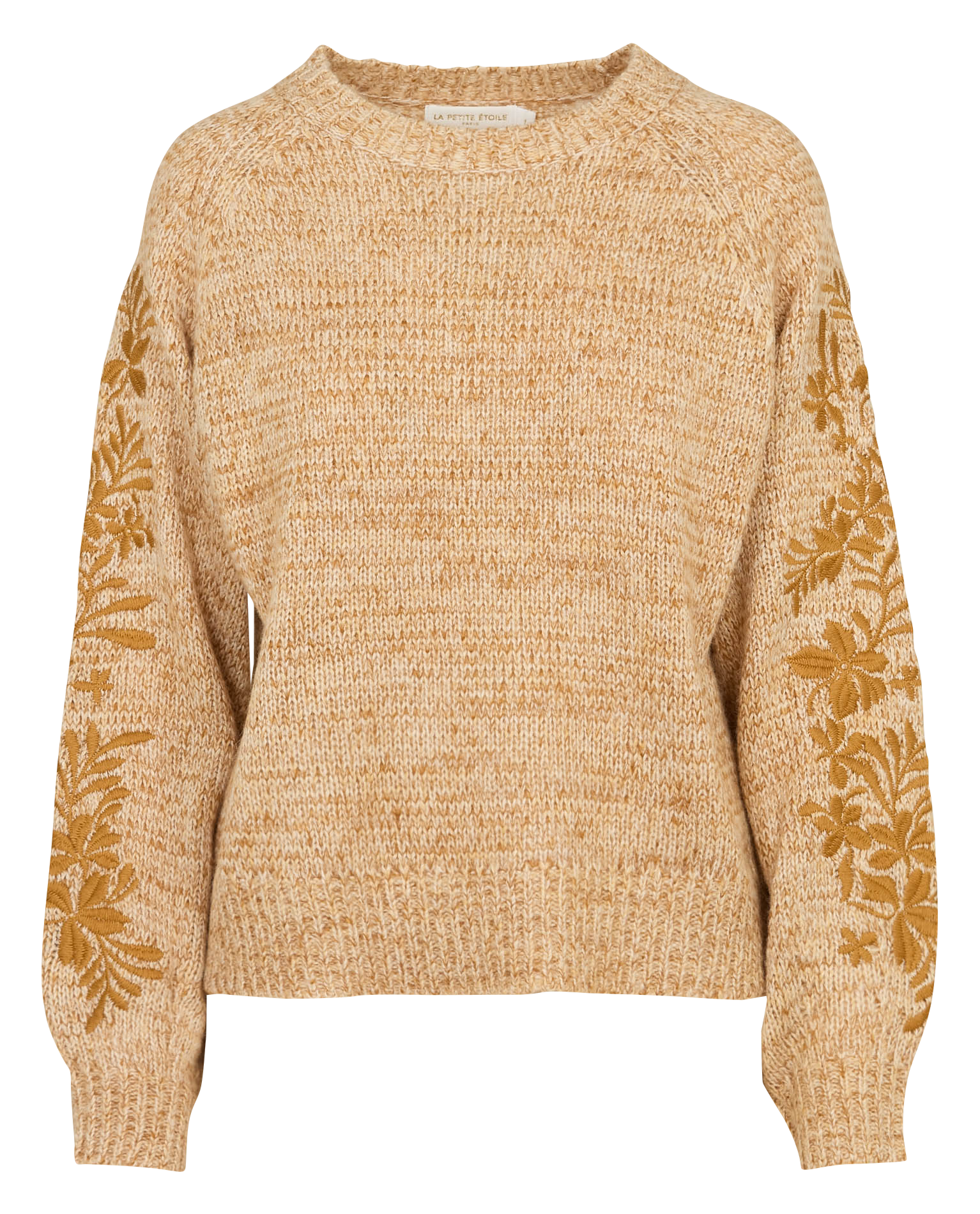 Pull ample col rond brodé en maille chinée LA PETITE ETOILE Beige
