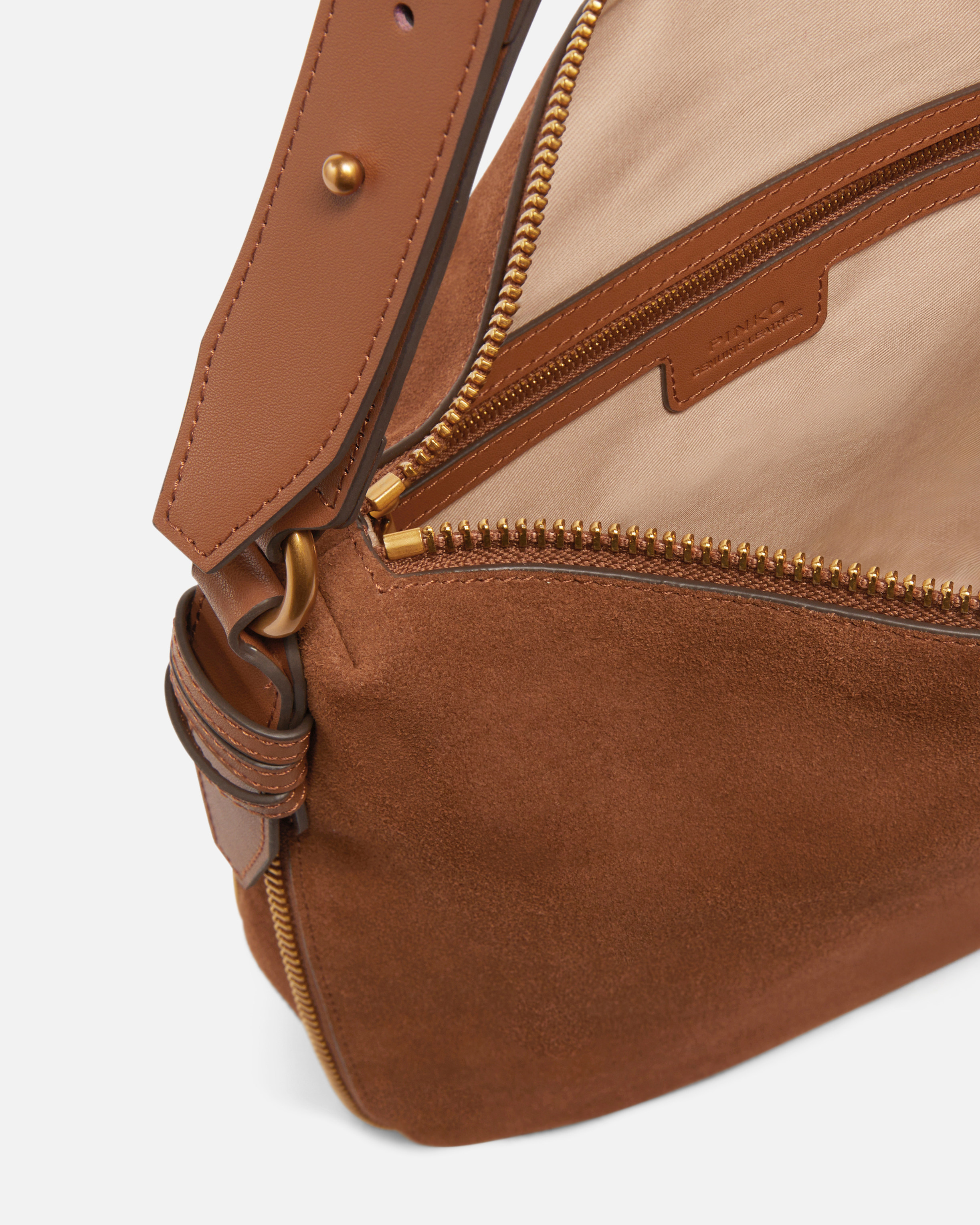 Medium shoulder hobo bag in suede with love birds logo PINKO Brown