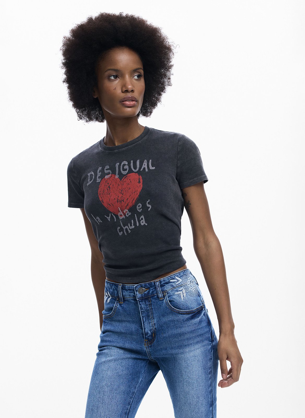 Tee-shirt droit col rond en coton mélangé sérigraphié DESIGUAL Noir